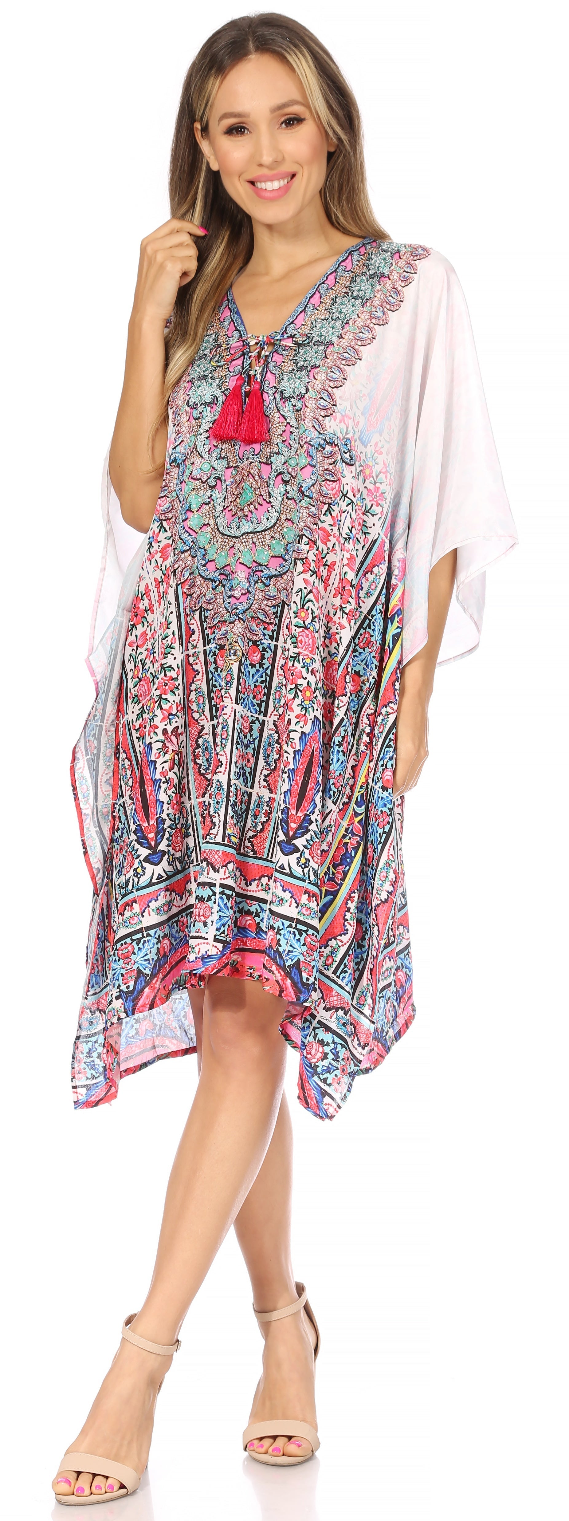 Sakkas Kristy Long Tall Lightweight Caftan Dress / Cover Up With V-Neck Jewels - Concordia Style Boutique