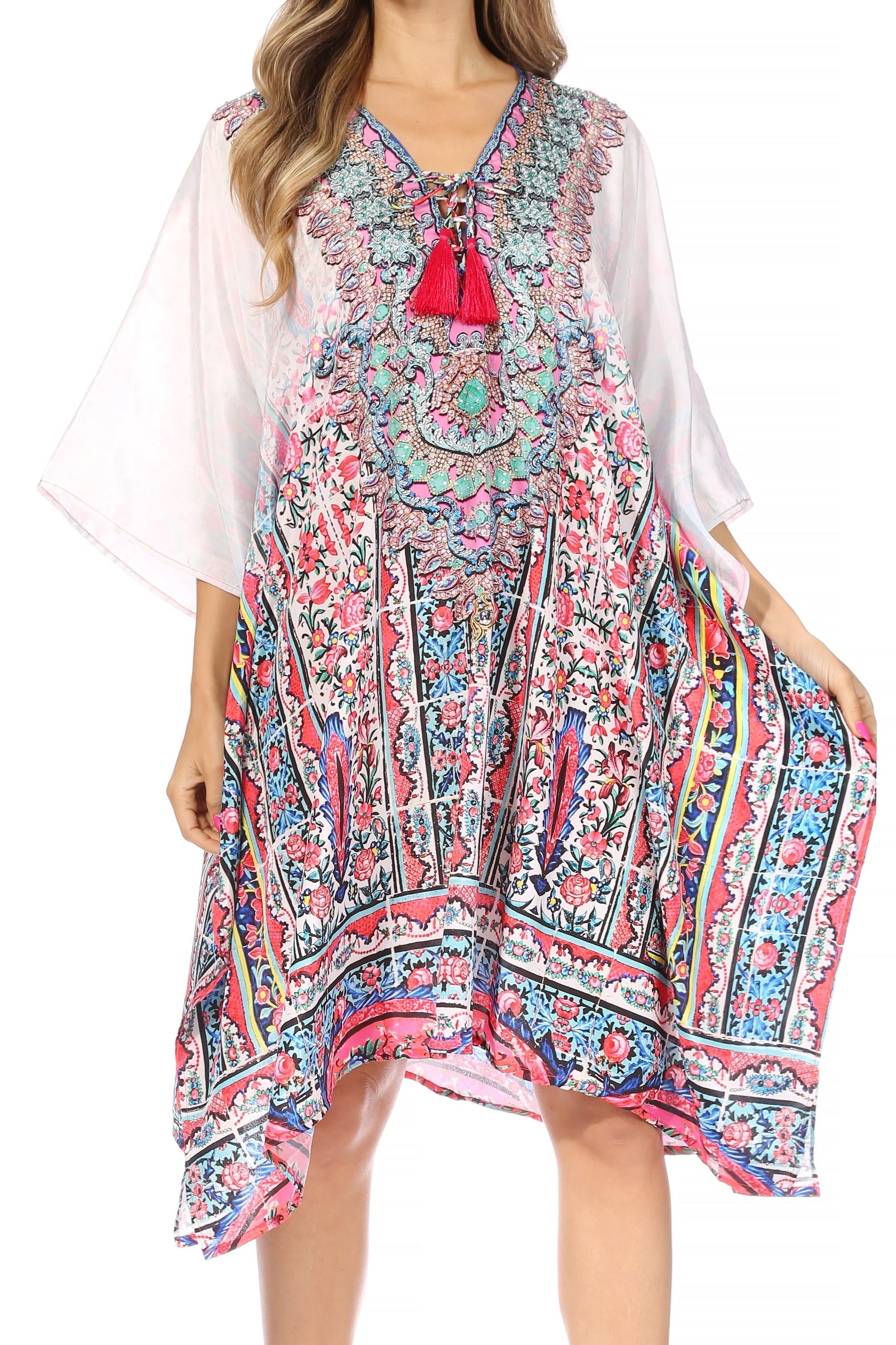 Sakkas Kristy Long Tall Lightweight Caftan Dress / Cover Up With V-Neck Jewels - Concordia Style Boutique