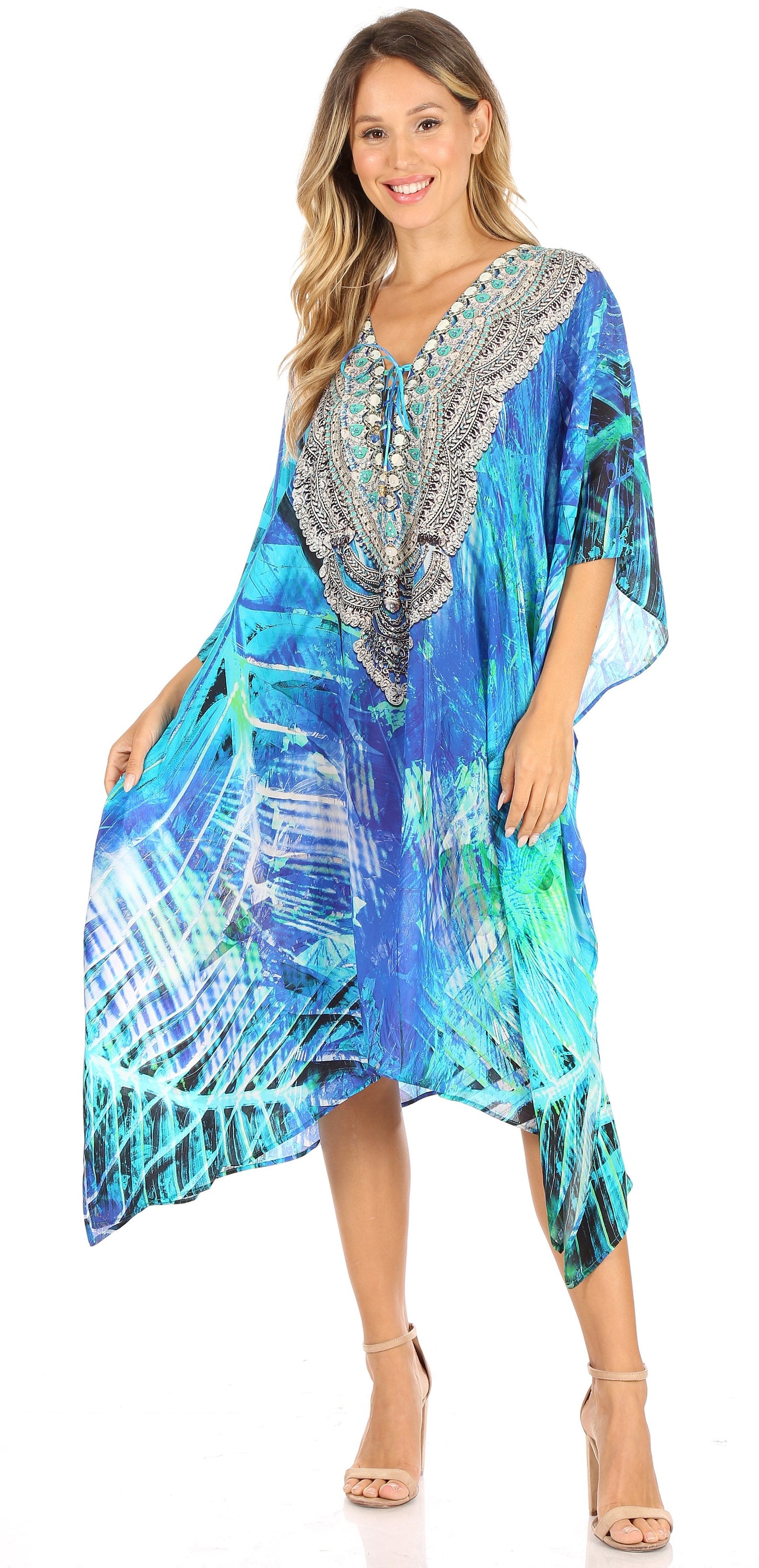 Sakkas Kristy Long Tall Lightweight Caftan Dress / Cover Up With V-Neck Jewels - Concordia Style Boutique