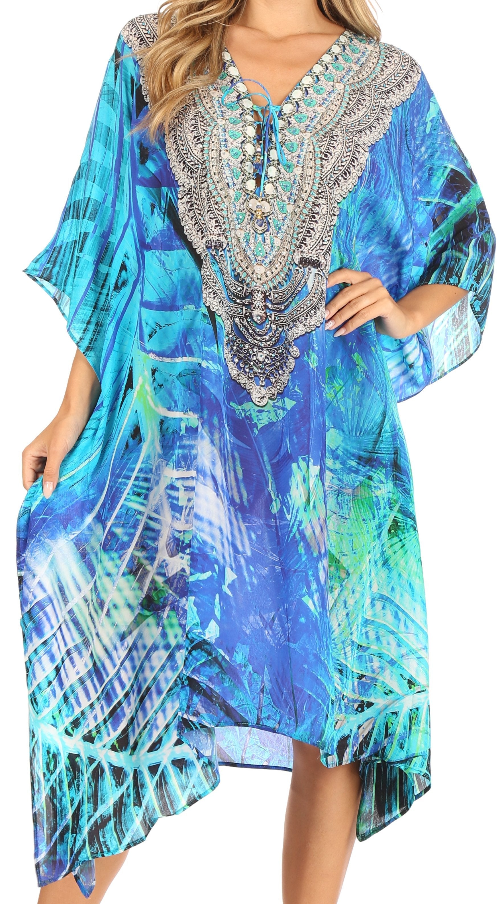 Sakkas Kristy Long Tall Lightweight Caftan Dress / Cover Up With V-Neck Jewels - Concordia Style Boutique