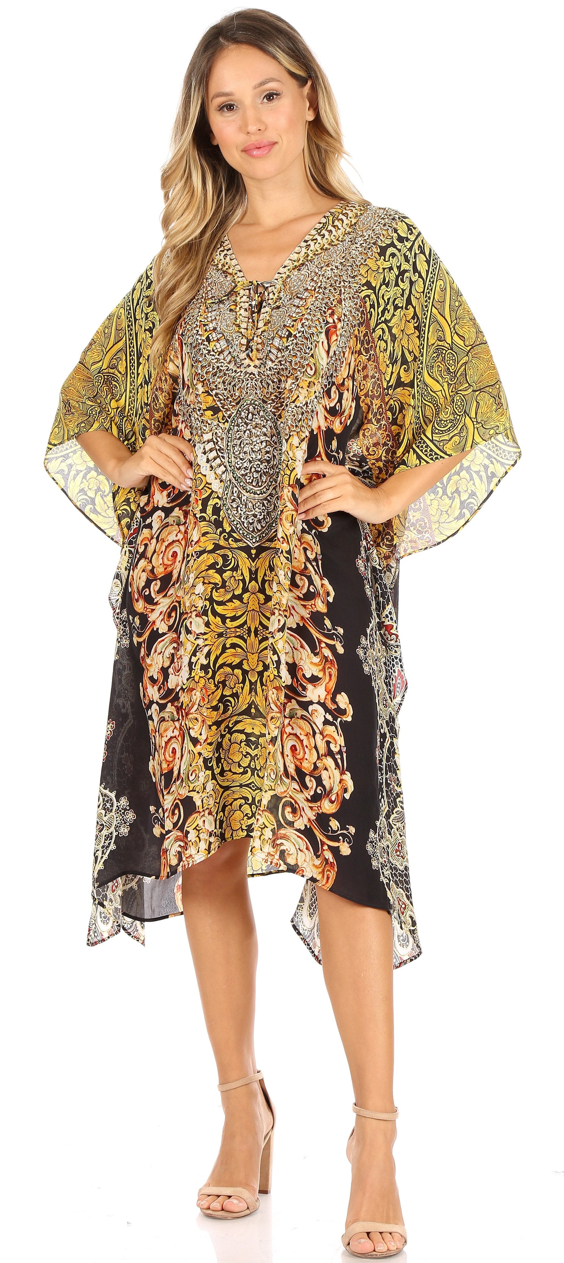 Sakkas Kristy Long Tall Lightweight Caftan Dress / Cover Up With V-Neck Jewels - Concordia Style Boutique