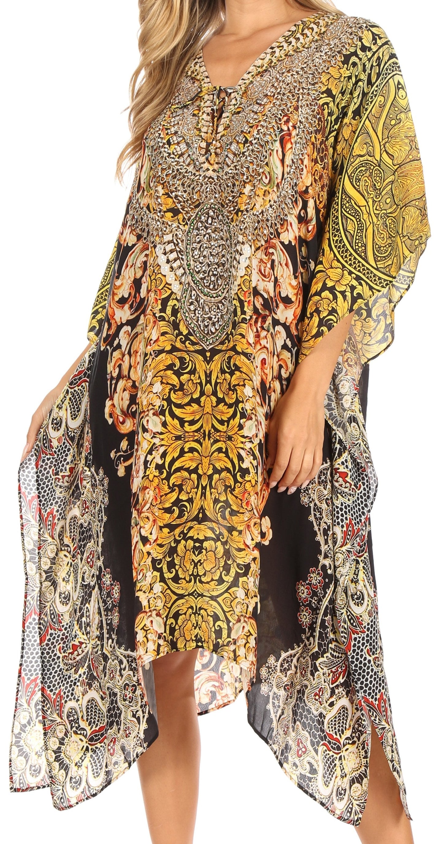 Sakkas Kristy Long Tall Lightweight Caftan Dress / Cover Up With V-Neck Jewels - Concordia Style Boutique