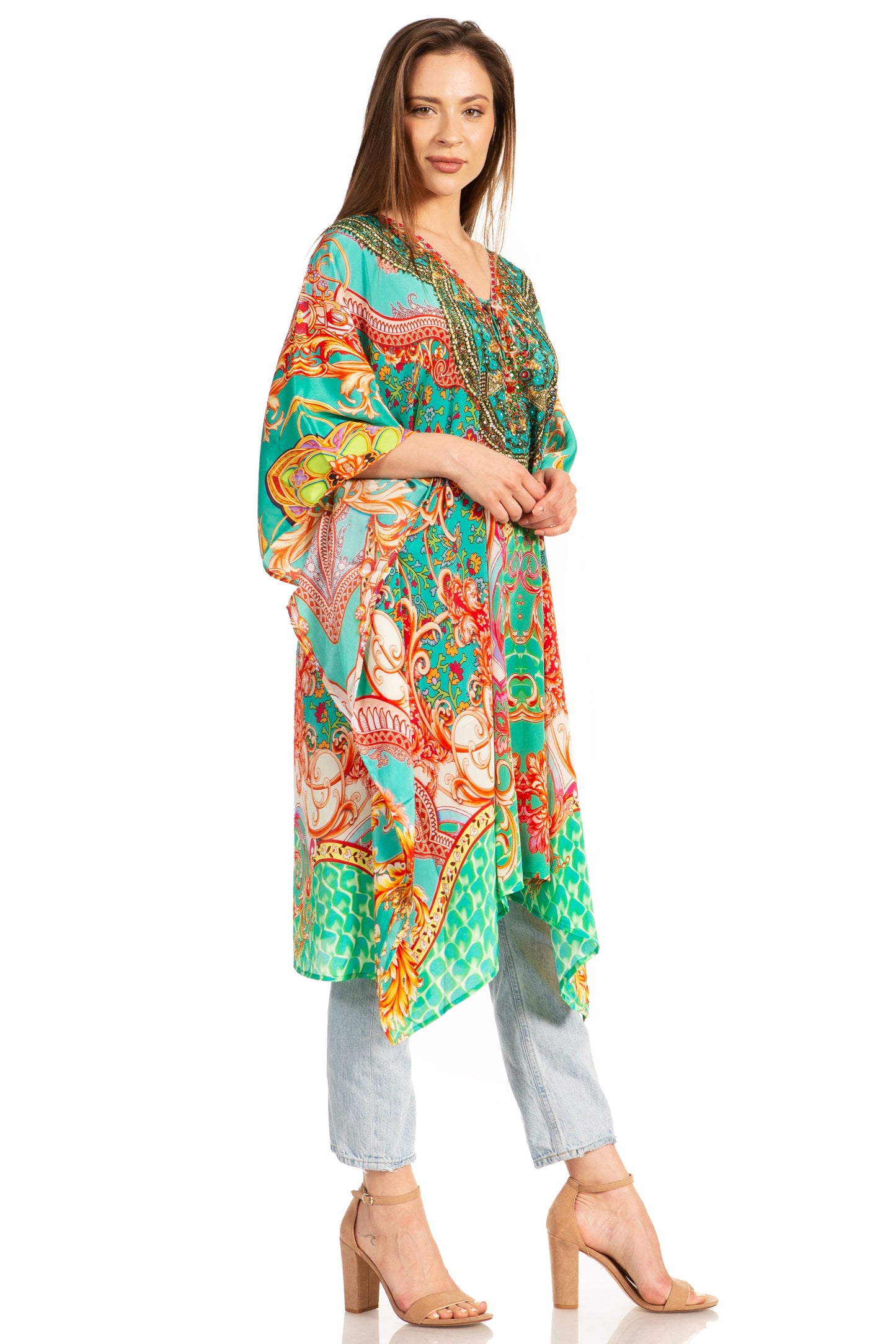 Sakkas Kristy Long Tall Lightweight Caftan Dress / Cover Up With V-Neck Jewels - Concordia Style Boutique