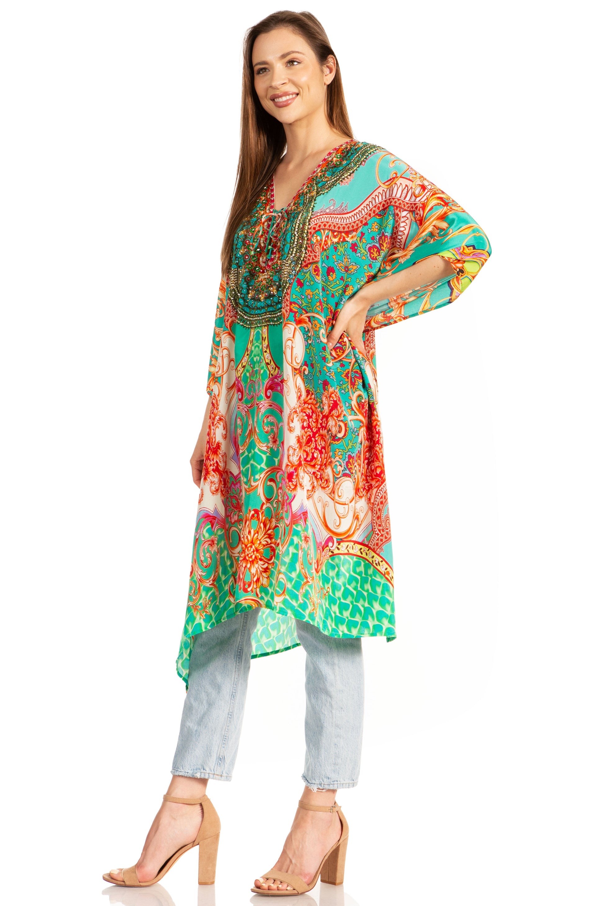 Sakkas Kristy Long Tall Lightweight Caftan Dress / Cover Up With V-Neck Jewels - Concordia Style Boutique
