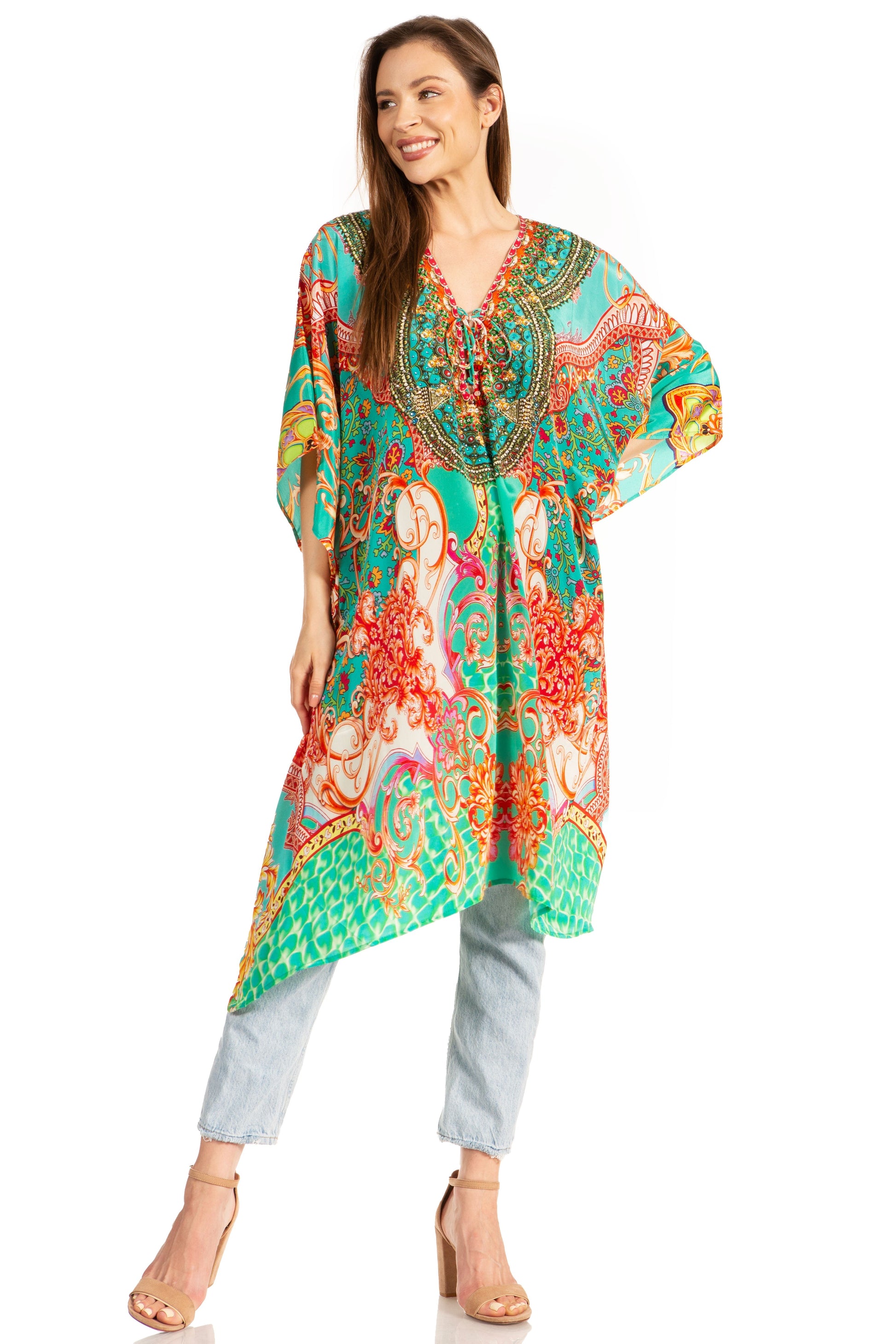 Sakkas Kristy Long Tall Lightweight Caftan Dress / Cover Up With V-Neck Jewels - Concordia Style Boutique