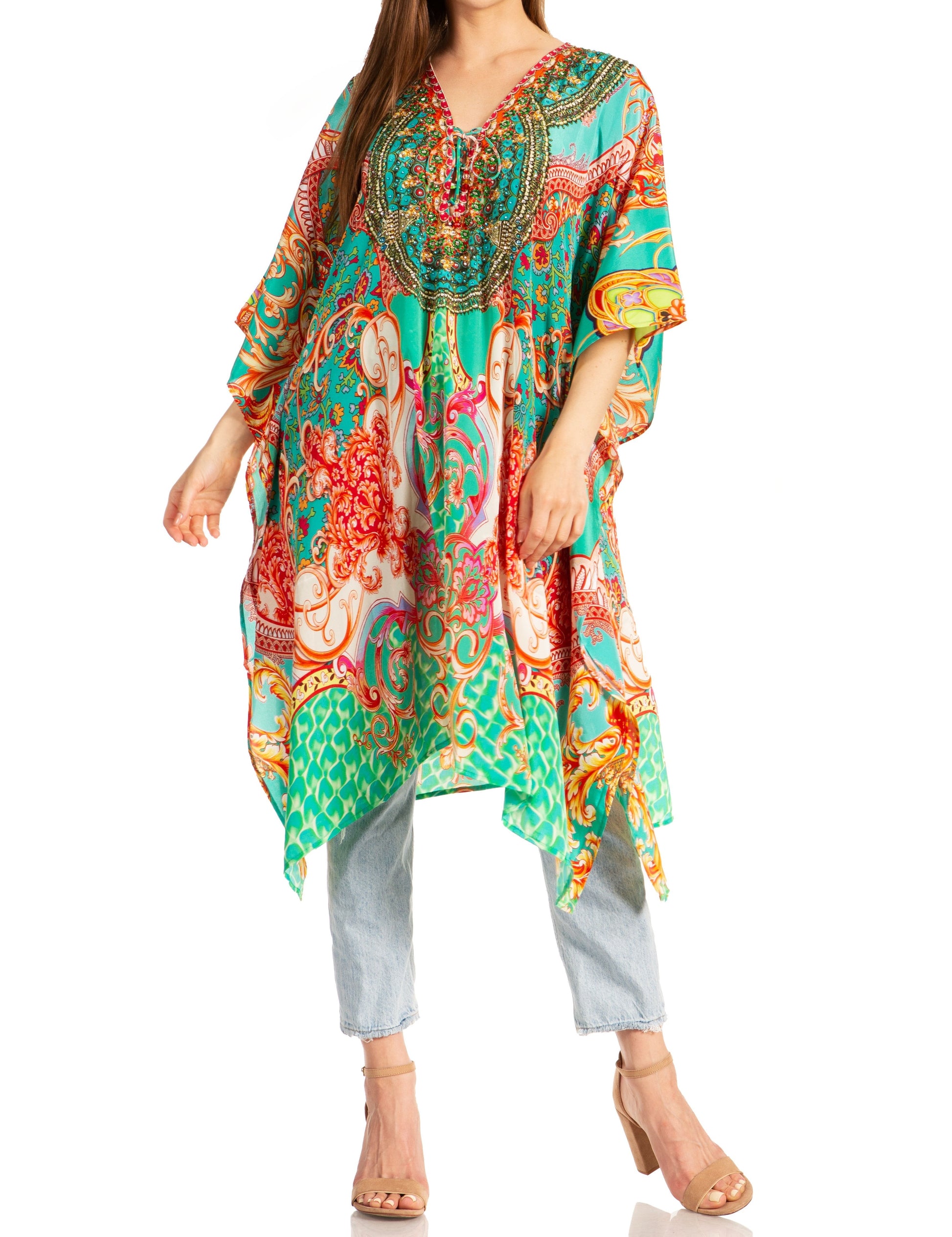 Sakkas Kristy Long Tall Lightweight Caftan Dress / Cover Up With V-Neck Jewels - Concordia Style Boutique