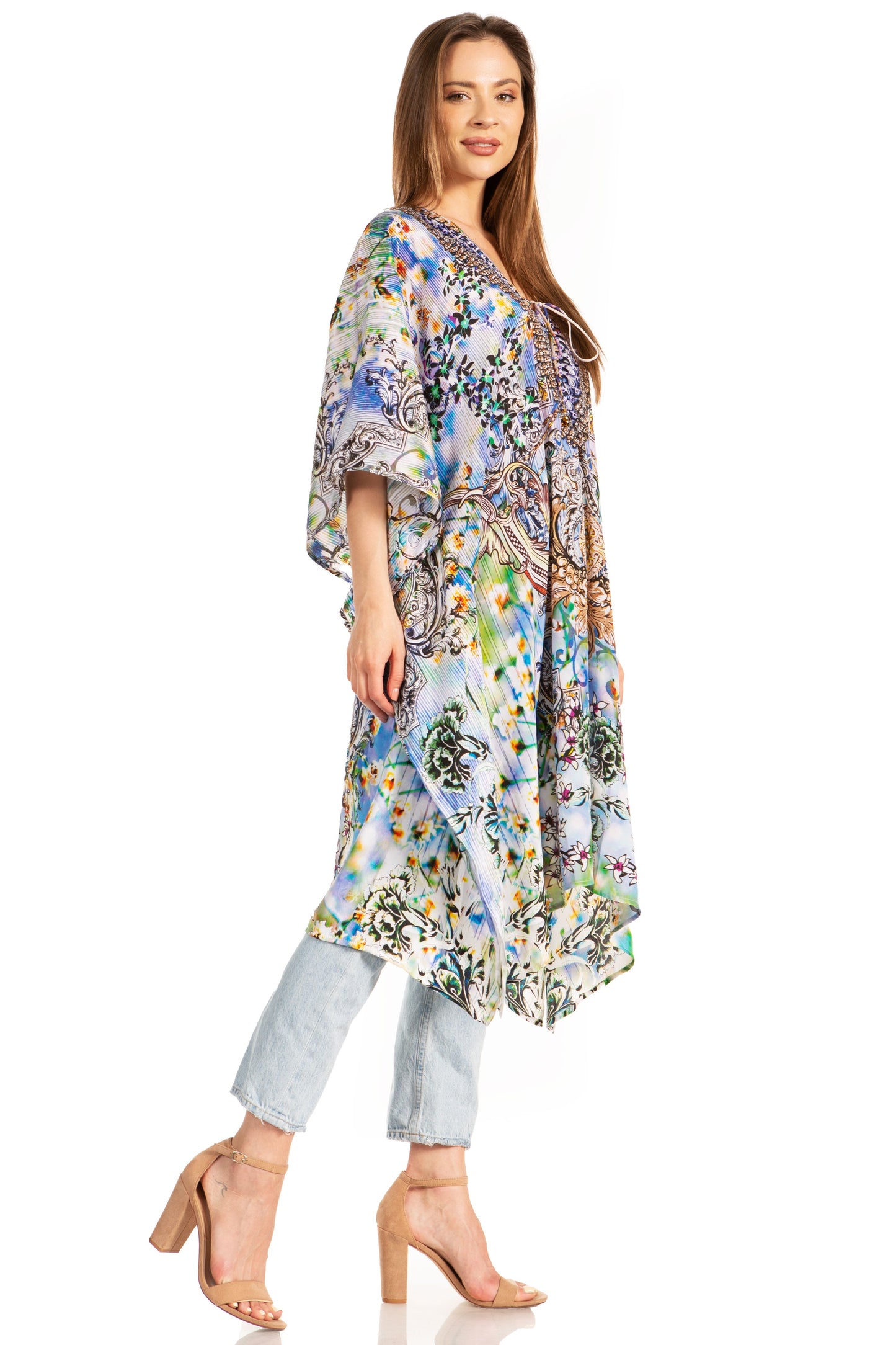 Sakkas Kristy Long Tall Lightweight Caftan Dress / Cover Up With V-Neck Jewels - Concordia Style Boutique