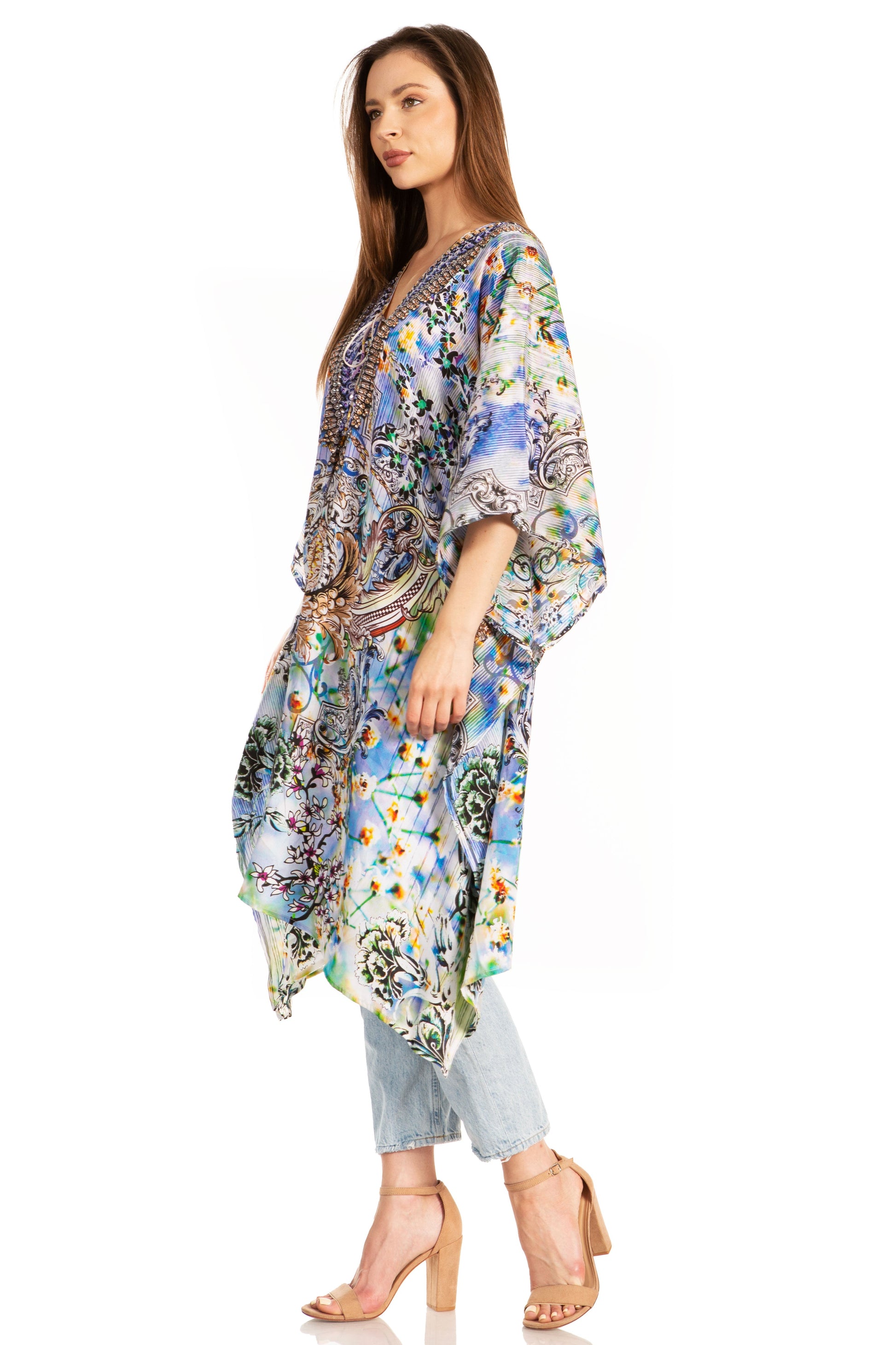 Sakkas Kristy Long Tall Lightweight Caftan Dress / Cover Up With V-Neck Jewels - Concordia Style Boutique