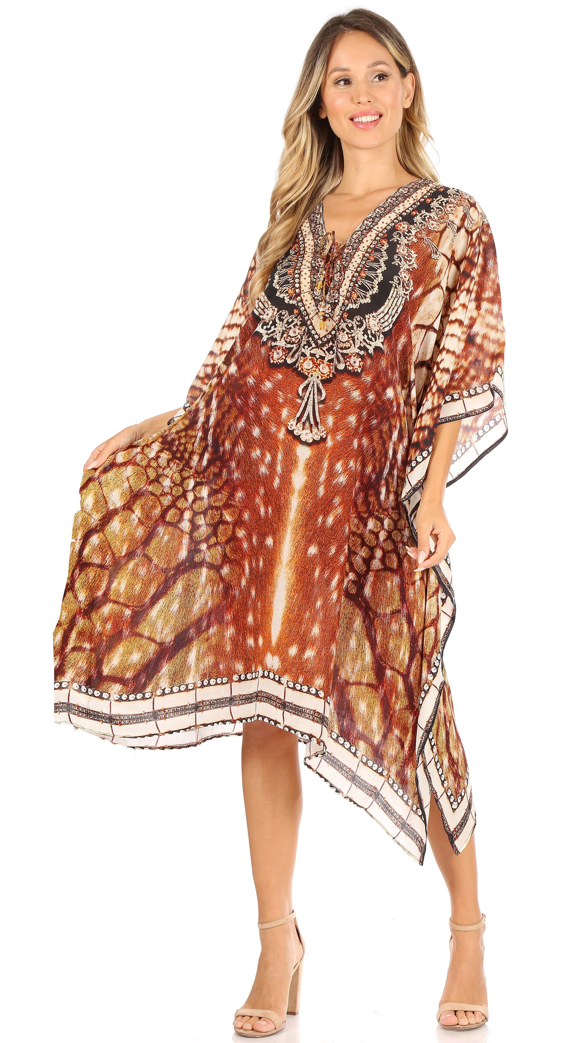 Sakkas Kristy Long Tall Lightweight Caftan Dress / Cover Up With V-Neck Jewels - Concordia Style Boutique