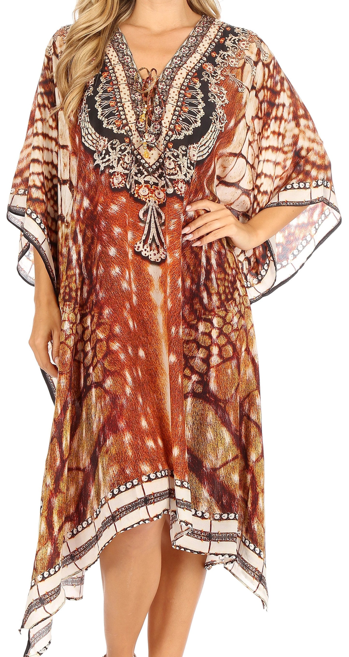 Sakkas Kristy Long Tall Lightweight Caftan Dress / Cover Up With V-Neck Jewels - Concordia Style Boutique