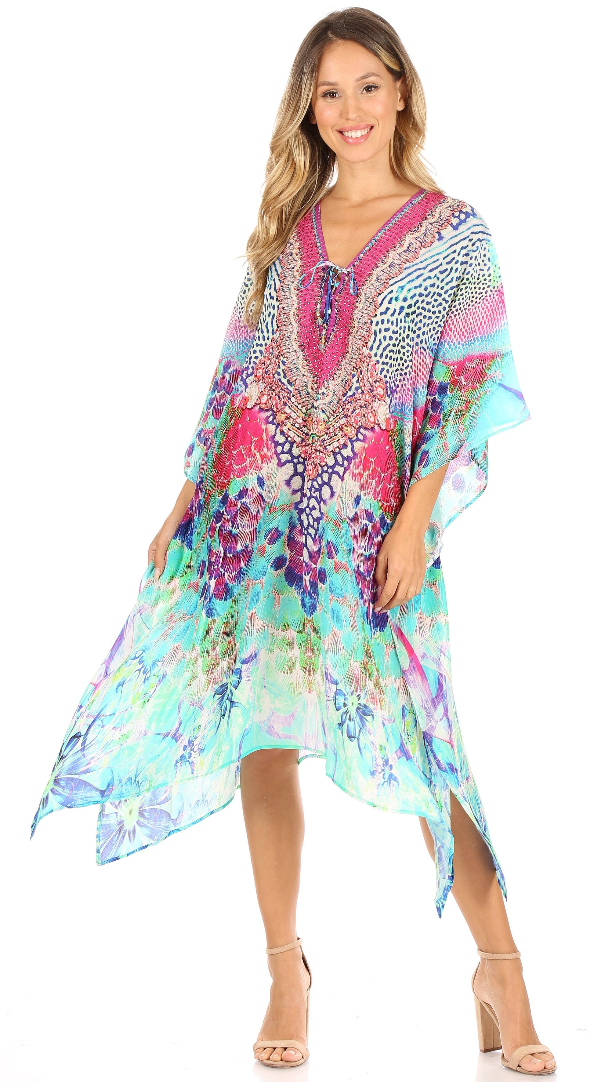Sakkas Kristy Long Tall Lightweight Caftan Dress / Cover Up With V-Neck Jewels - Concordia Style Boutique