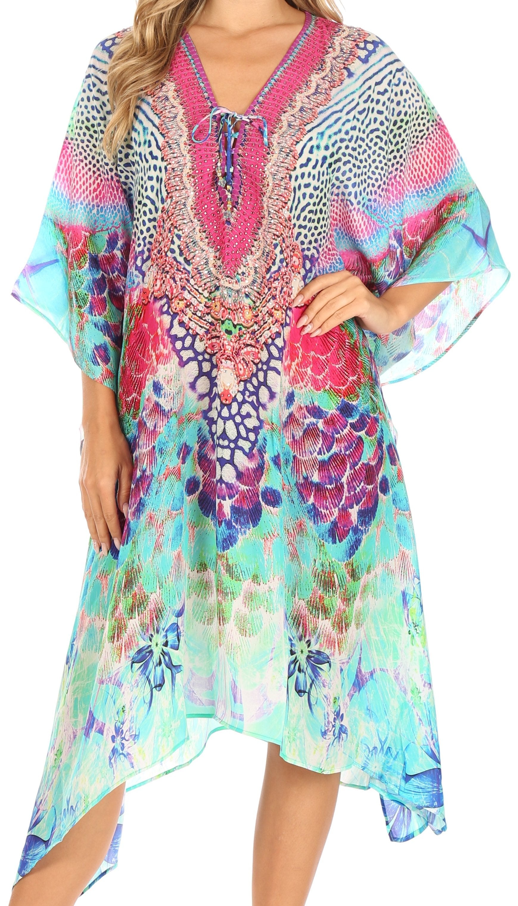 Sakkas Kristy Long Tall Lightweight Caftan Dress / Cover Up With V-Neck Jewels - Concordia Style Boutique