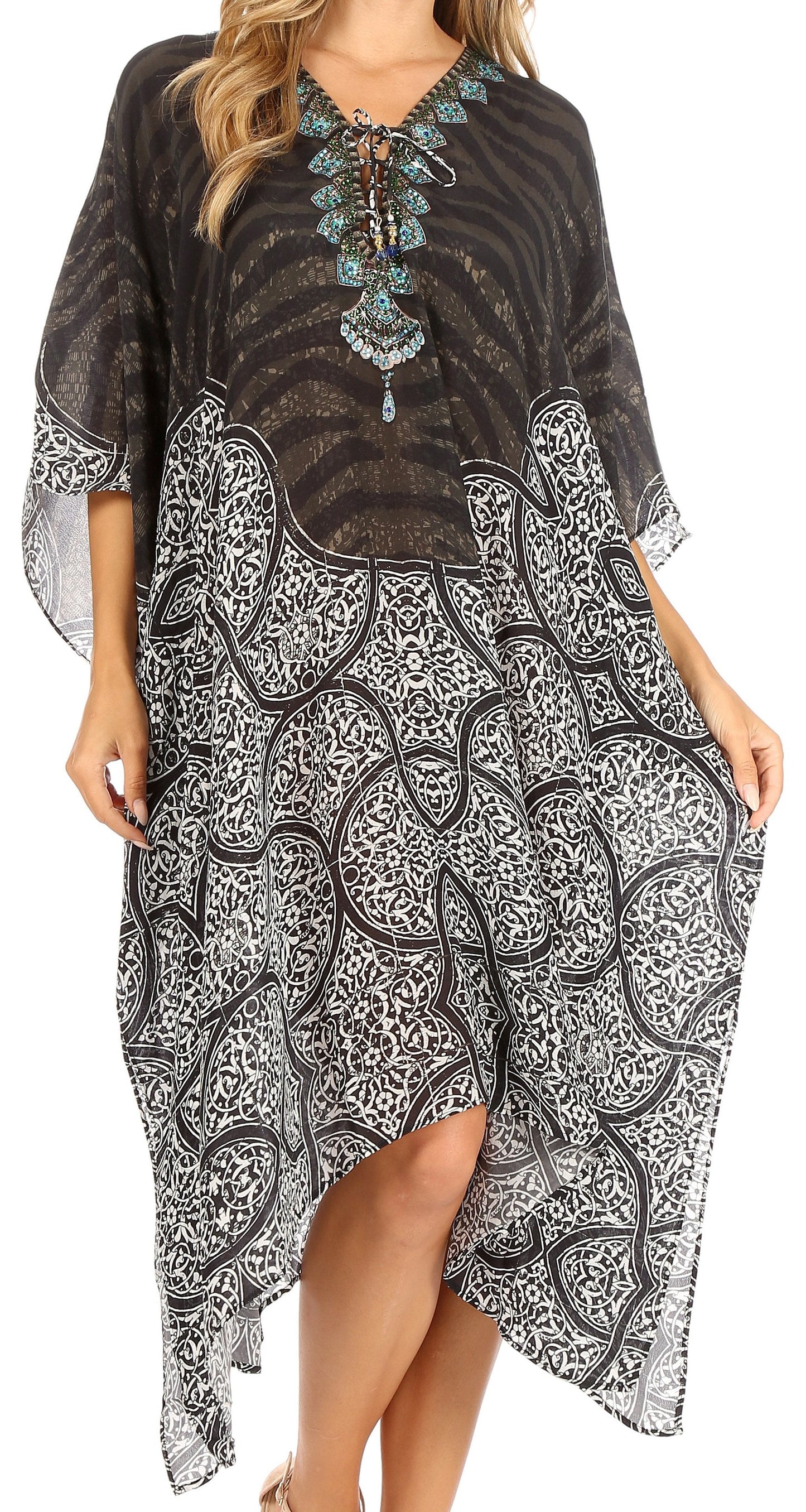Sakkas Kristy Long Tall Lightweight Caftan Dress / Cover Up With V-Neck Jewels - Concordia Style Boutique