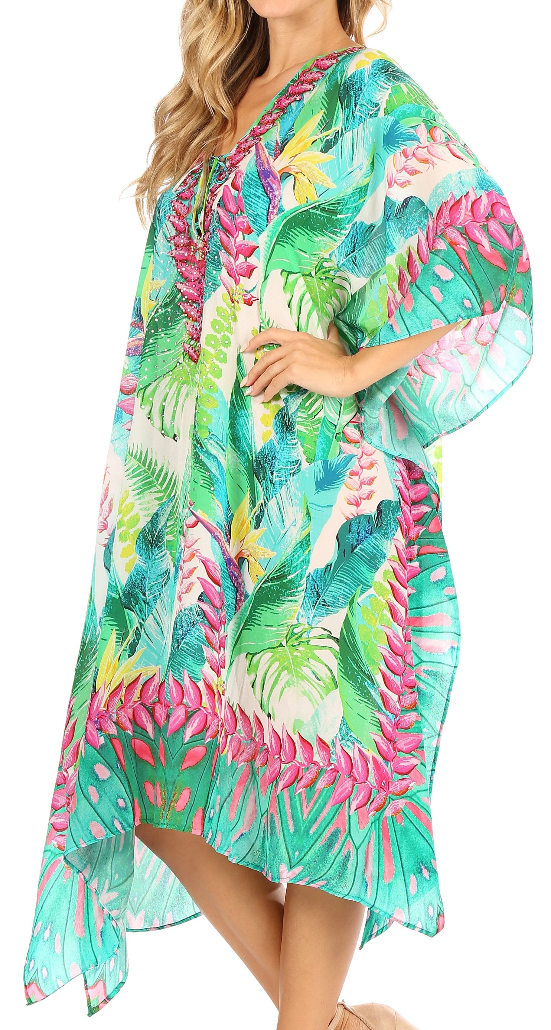 Sakkas Kristy Long Tall Lightweight Caftan Dress / Cover Up With V-Neck Jewels - Concordia Style Boutique