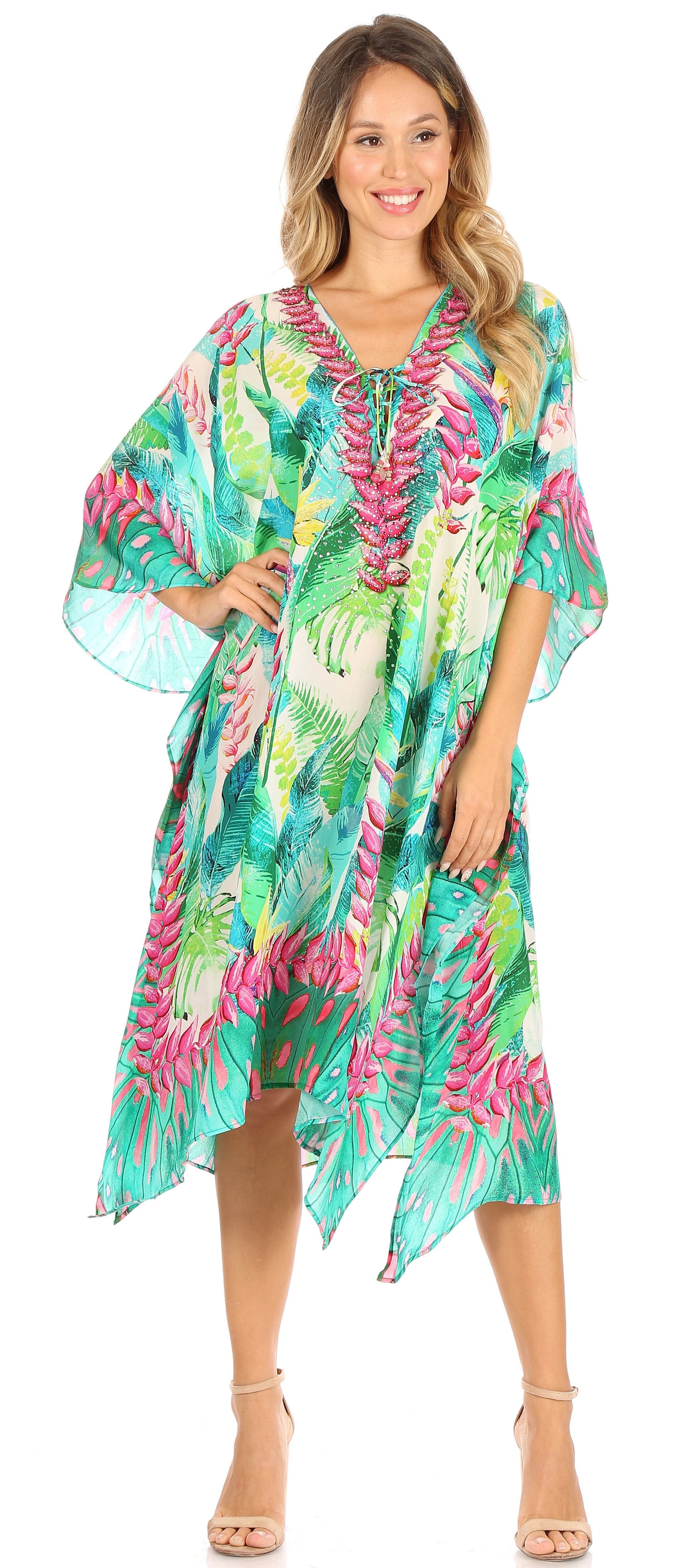 Sakkas Kristy Long Tall Lightweight Caftan Dress / Cover Up With V-Neck Jewels - Concordia Style Boutique