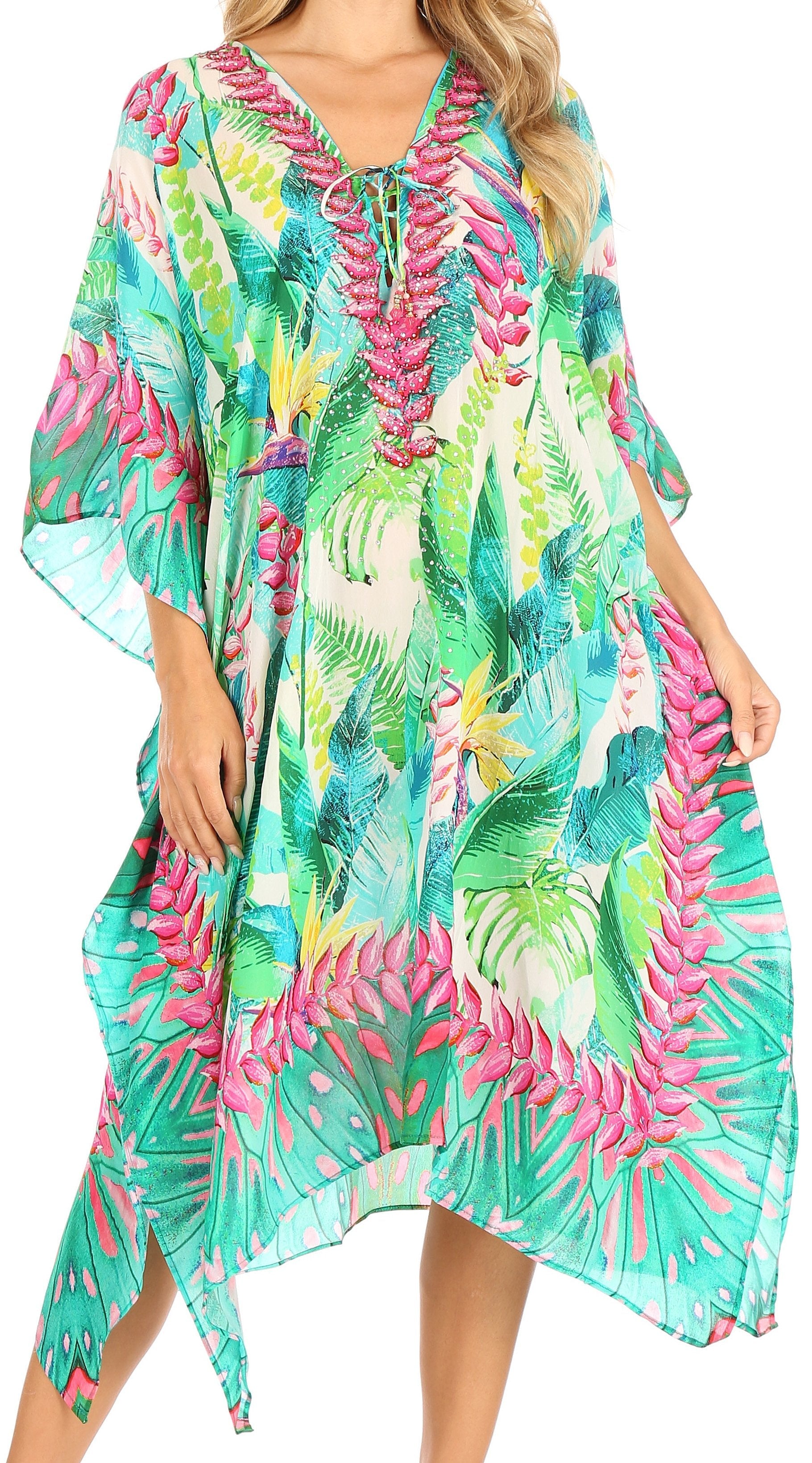 Sakkas Kristy Long Tall Lightweight Caftan Dress / Cover Up With V-Neck Jewels - Concordia Style Boutique