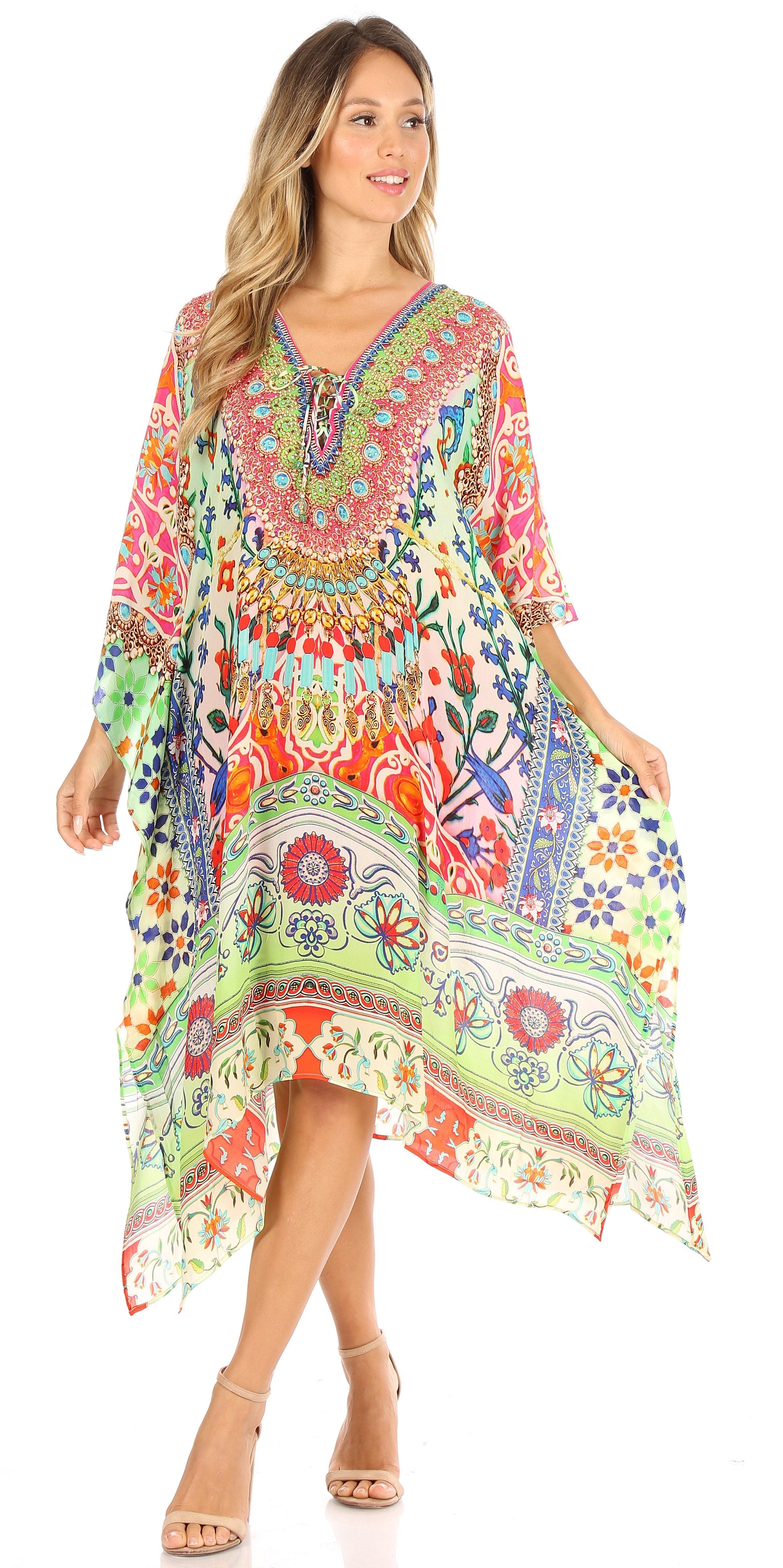 Sakkas Kristy Long Tall Lightweight Caftan Dress / Cover Up With V-Neck Jewels - Concordia Style Boutique
