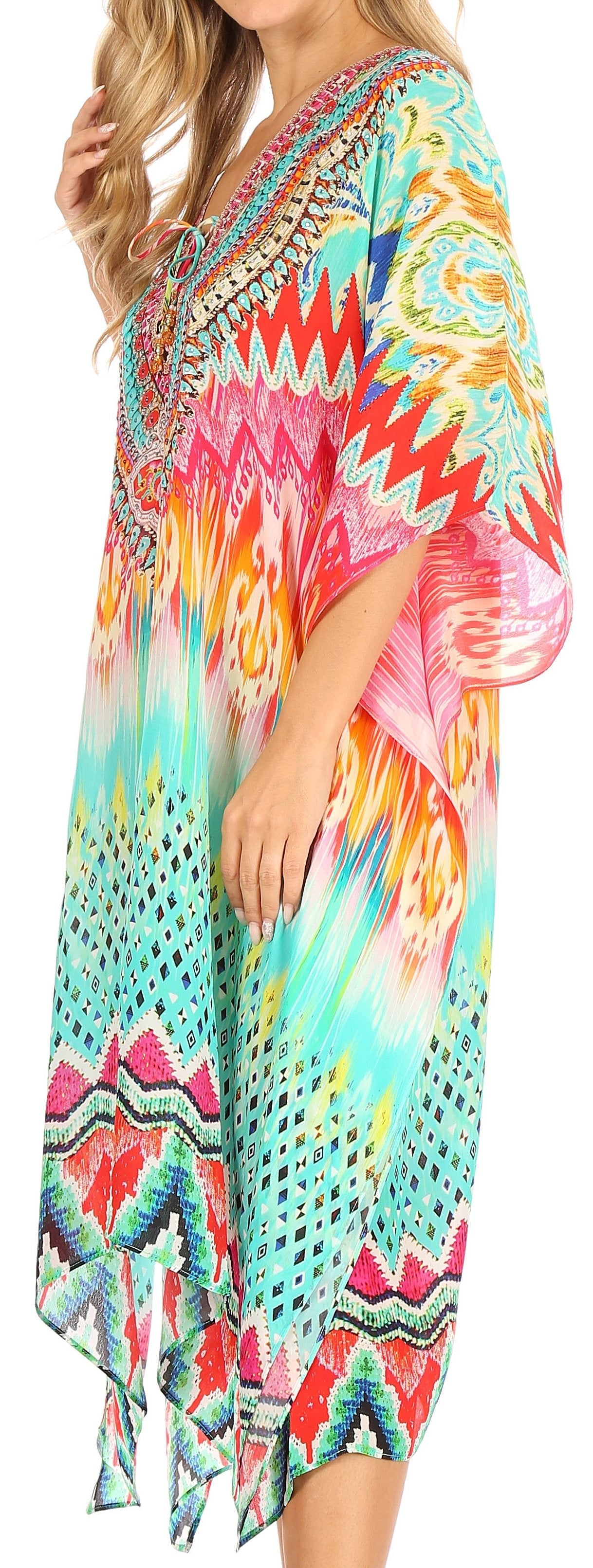 Sakkas Kristy Long Tall Lightweight Caftan Dress / Cover Up With V-Neck Jewels - Concordia Style Boutique