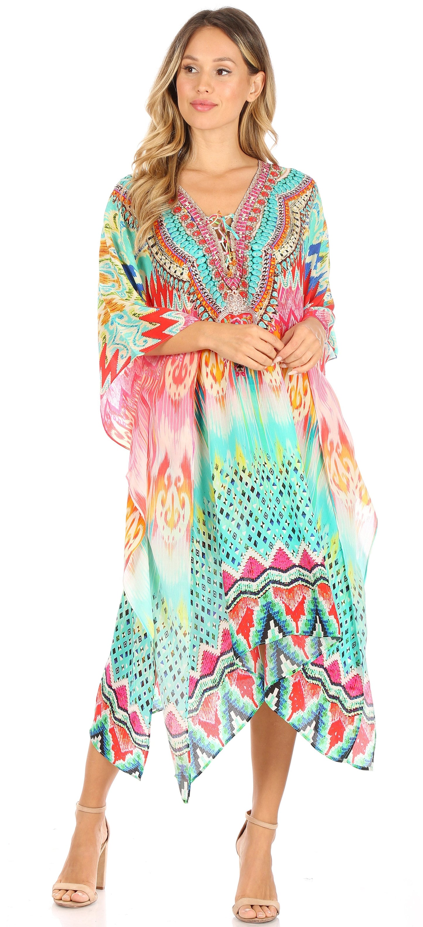 Sakkas Kristy Long Tall Lightweight Caftan Dress / Cover Up With V-Neck Jewels - Concordia Style Boutique