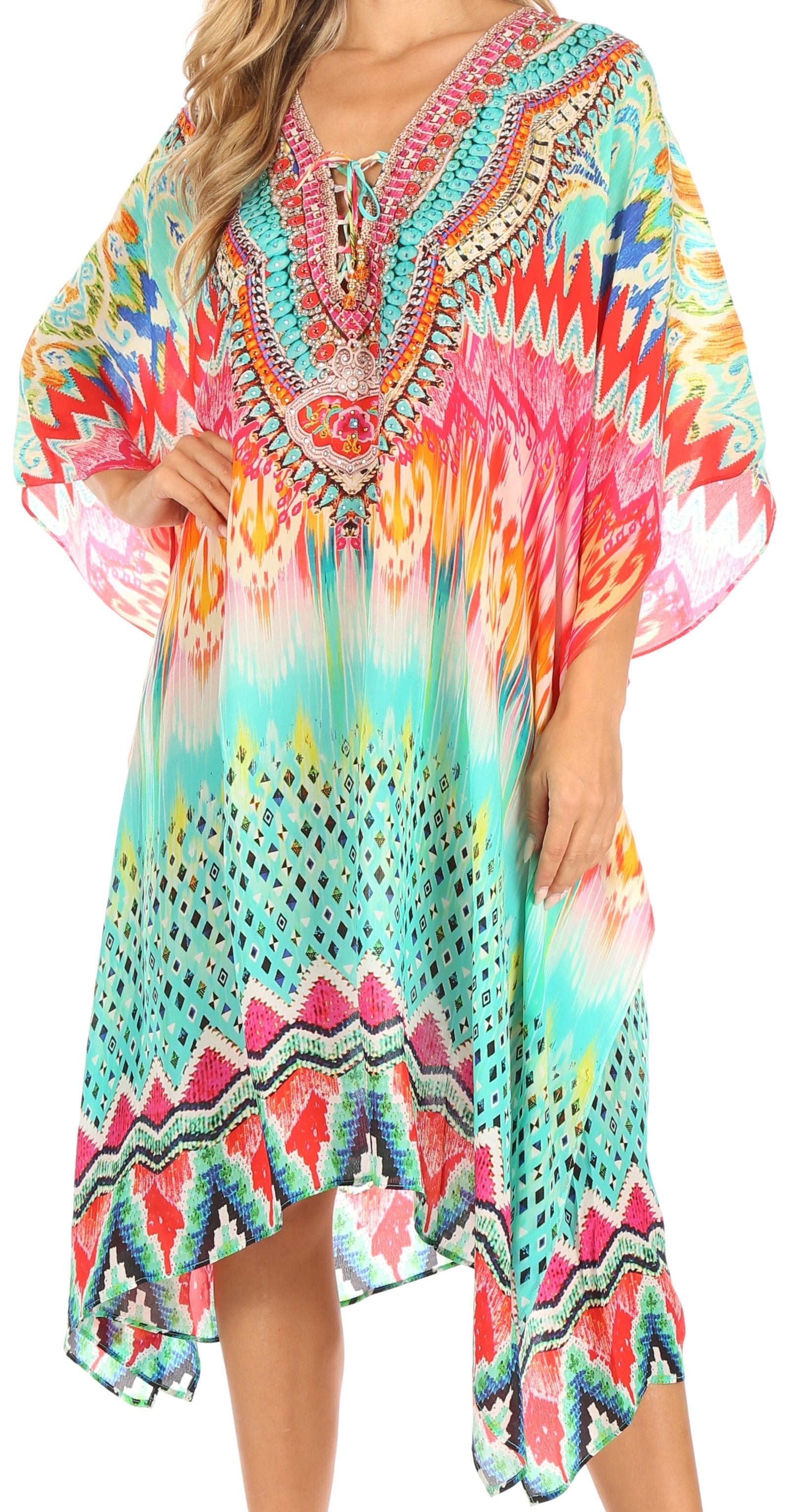 Sakkas Kristy Long Tall Lightweight Caftan Dress / Cover Up With V-Neck Jewels - Concordia Style Boutique