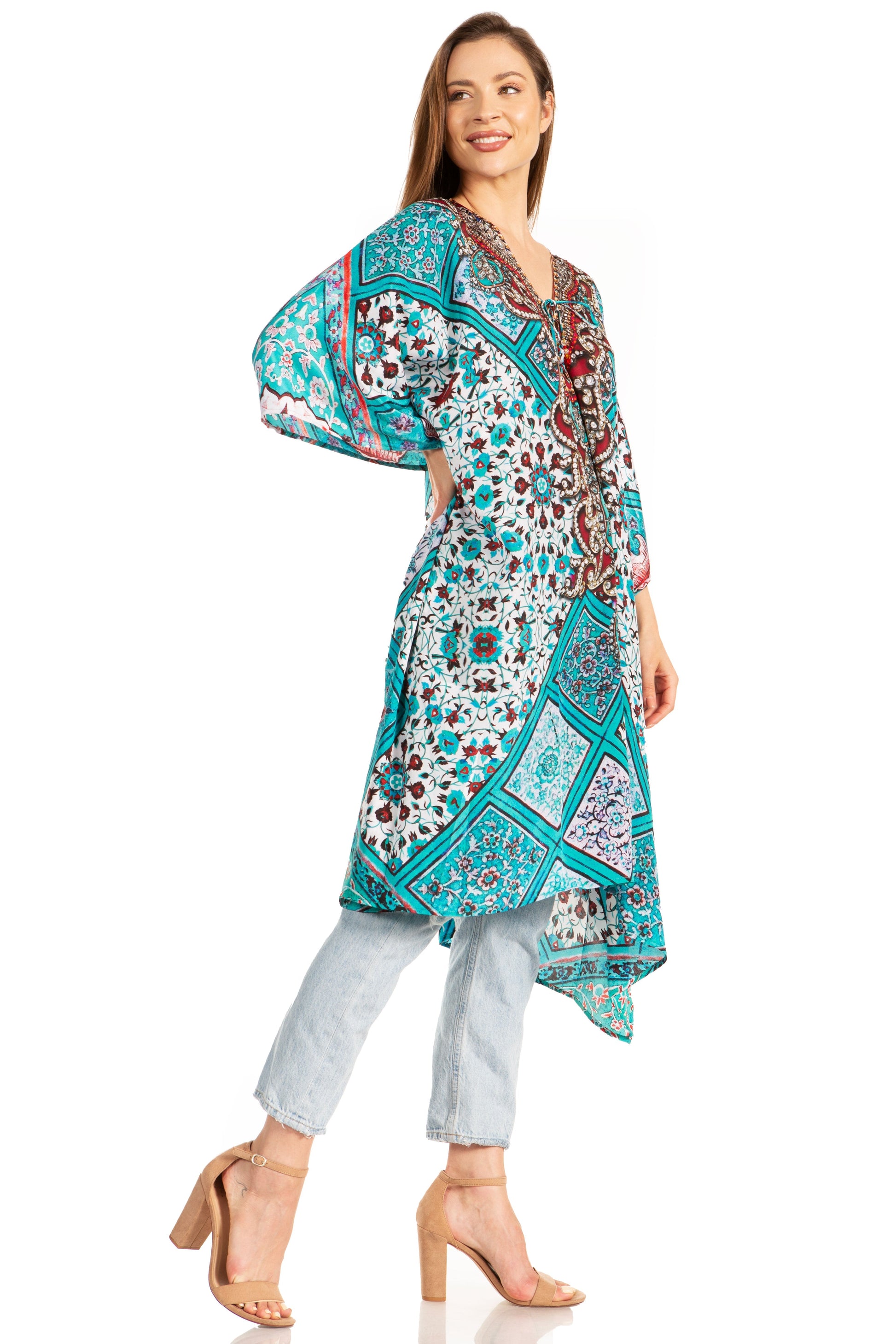 Sakkas Kristy Long Tall Lightweight Caftan Dress / Cover Up With V-Neck Jewels - Concordia Style Boutique