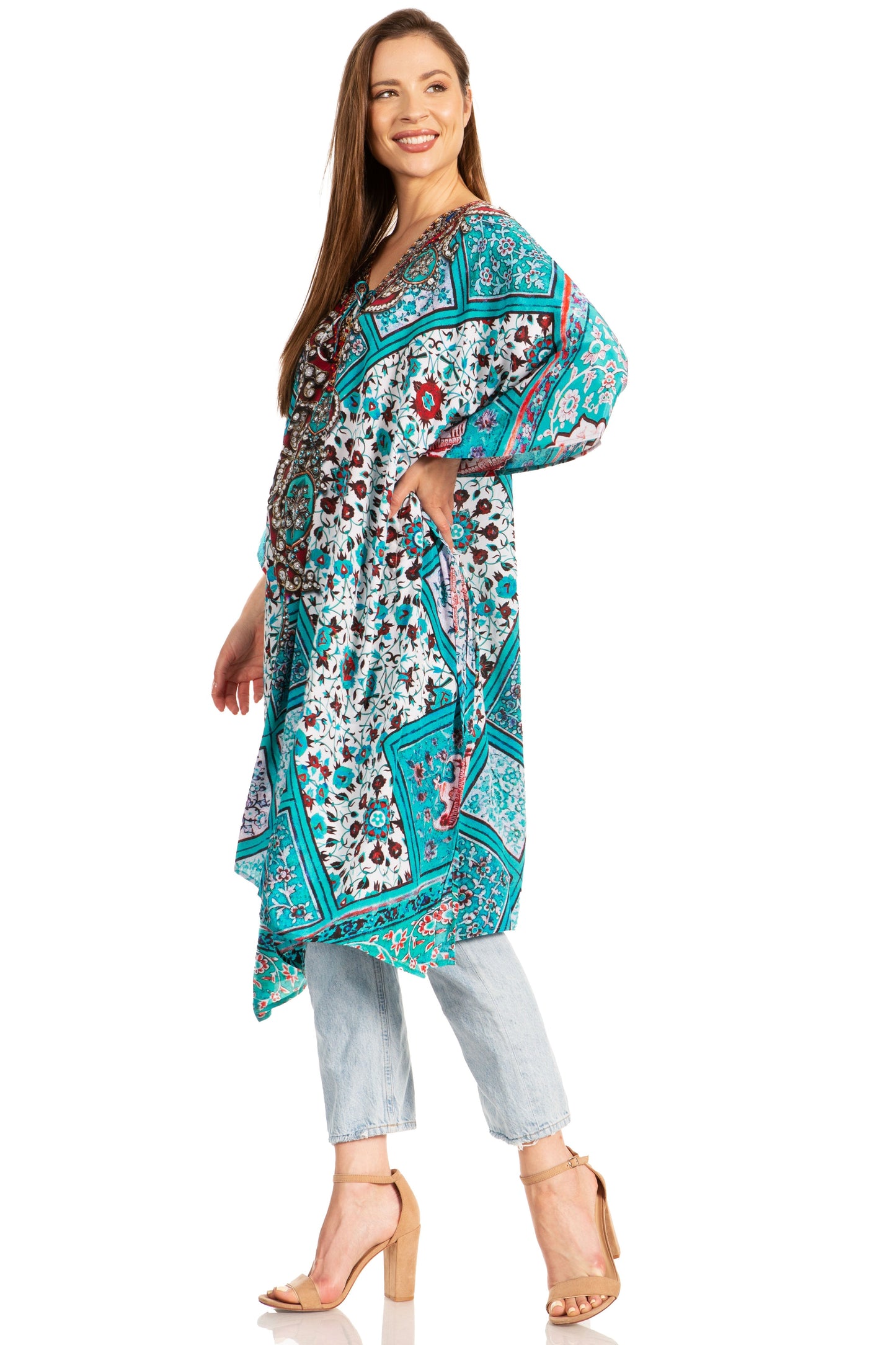 Sakkas Kristy Long Tall Lightweight Caftan Dress / Cover Up With V-Neck Jewels - Concordia Style Boutique