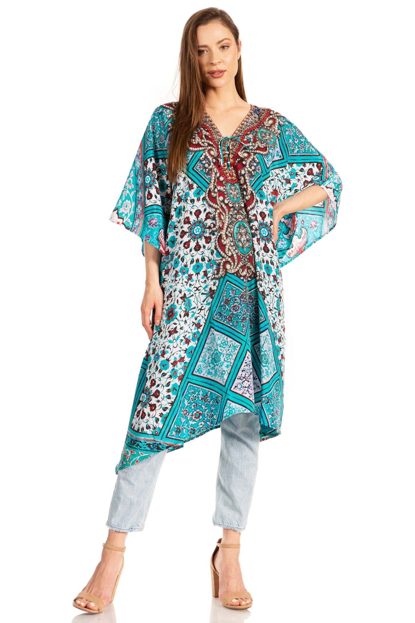 Sakkas Kristy Long Tall Lightweight Caftan Dress / Cover Up With V-Neck Jewels - Concordia Style Boutique