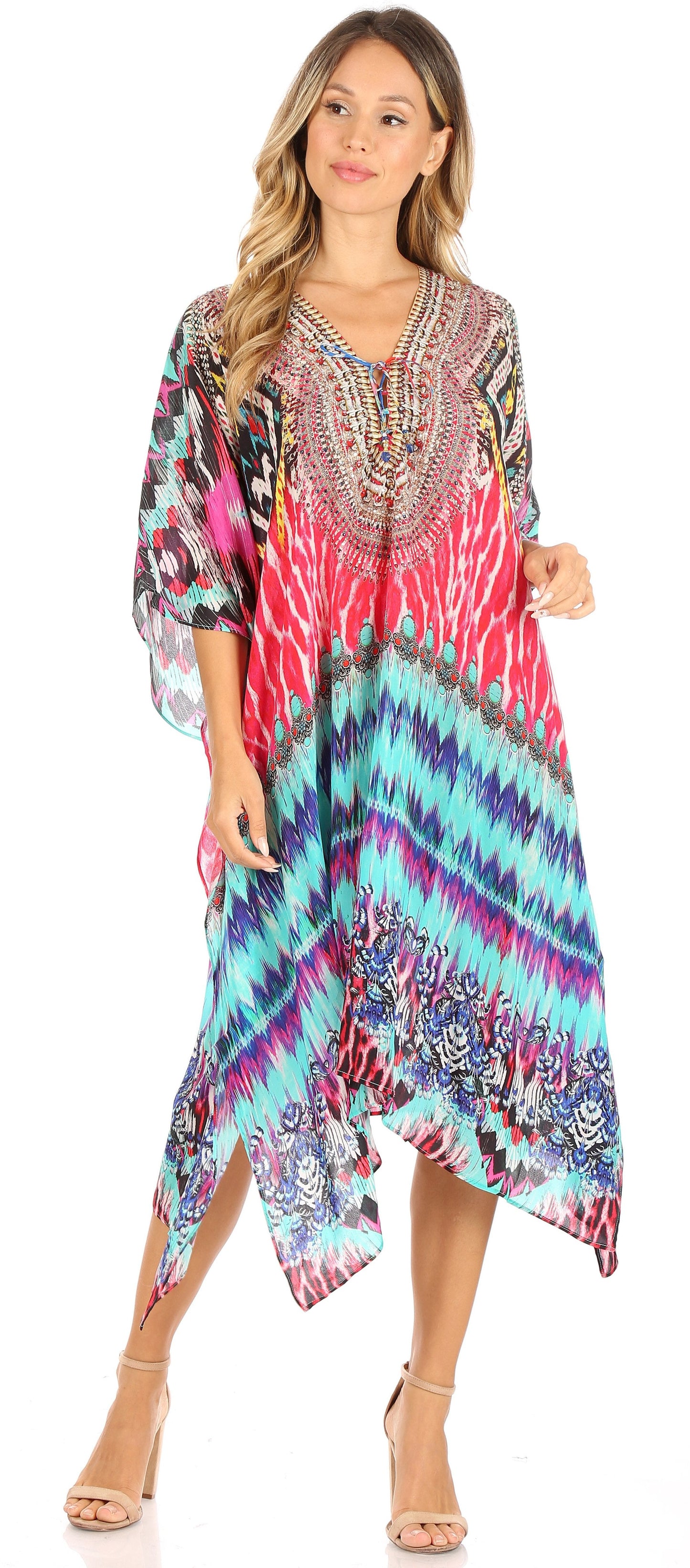 Sakkas Kristy Long Tall Lightweight Caftan Dress / Cover Up With V-Neck Jewels - Concordia Style Boutique
