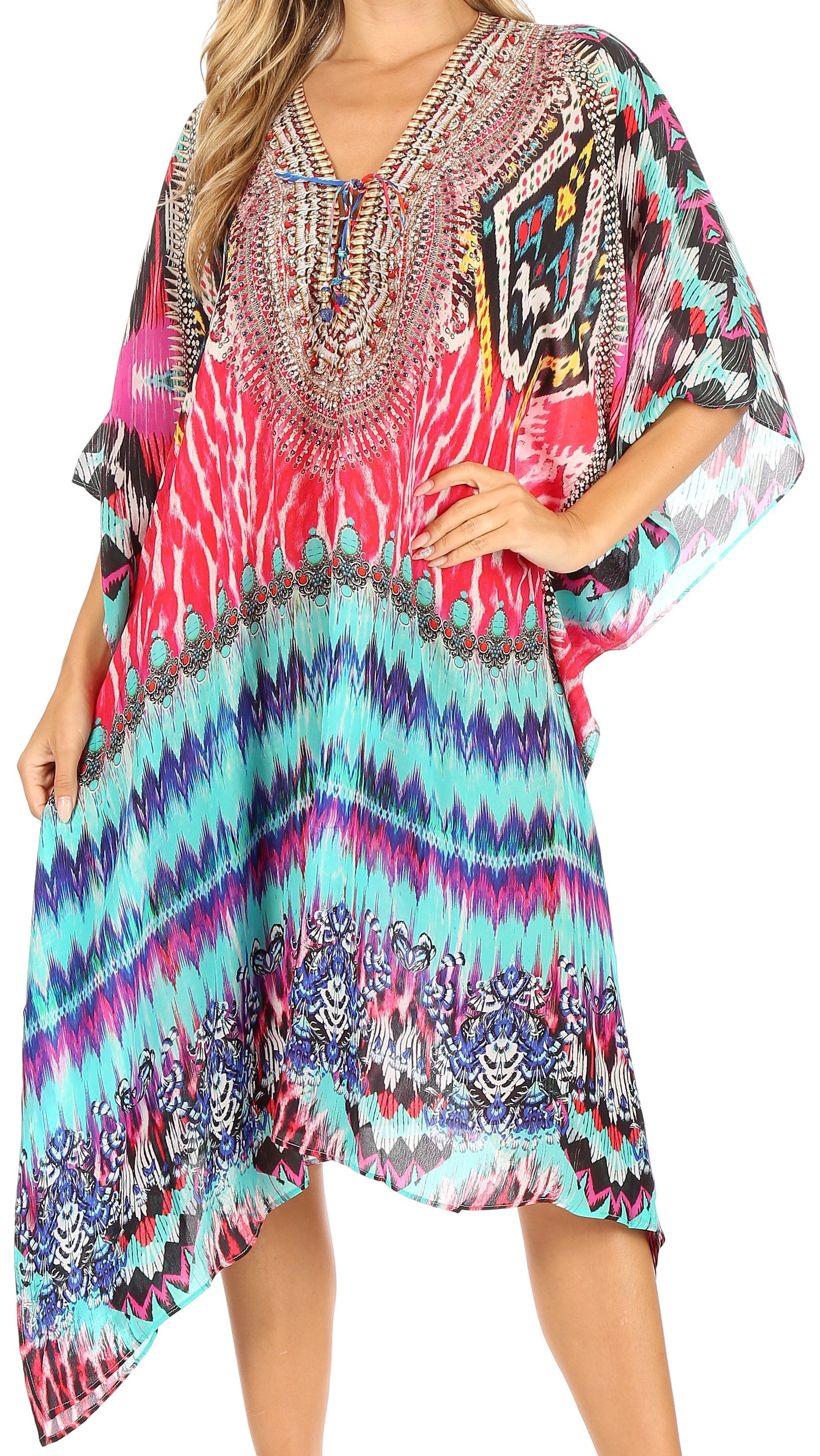 Sakkas Kristy Long Tall Lightweight Caftan Dress / Cover Up With V-Neck Jewels - Concordia Style Boutique