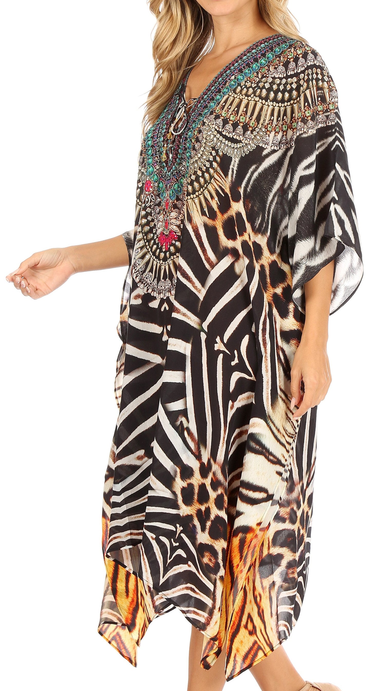 Sakkas Kristy Long Tall Lightweight Caftan Dress / Cover Up With V-Neck Jewels - Concordia Style Boutique
