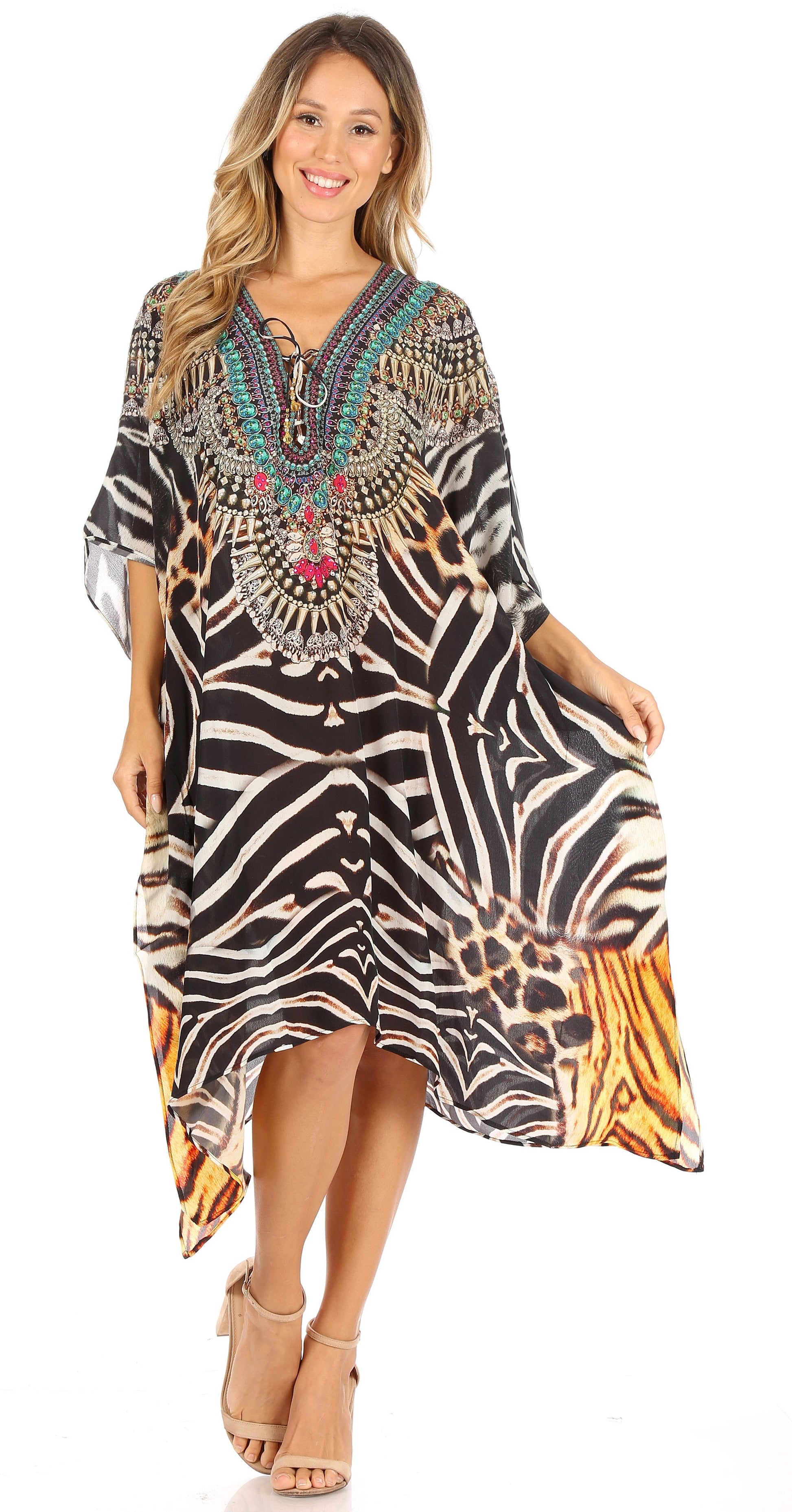 Sakkas Kristy Long Tall Lightweight Caftan Dress / Cover Up With V-Neck Jewels - Concordia Style Boutique