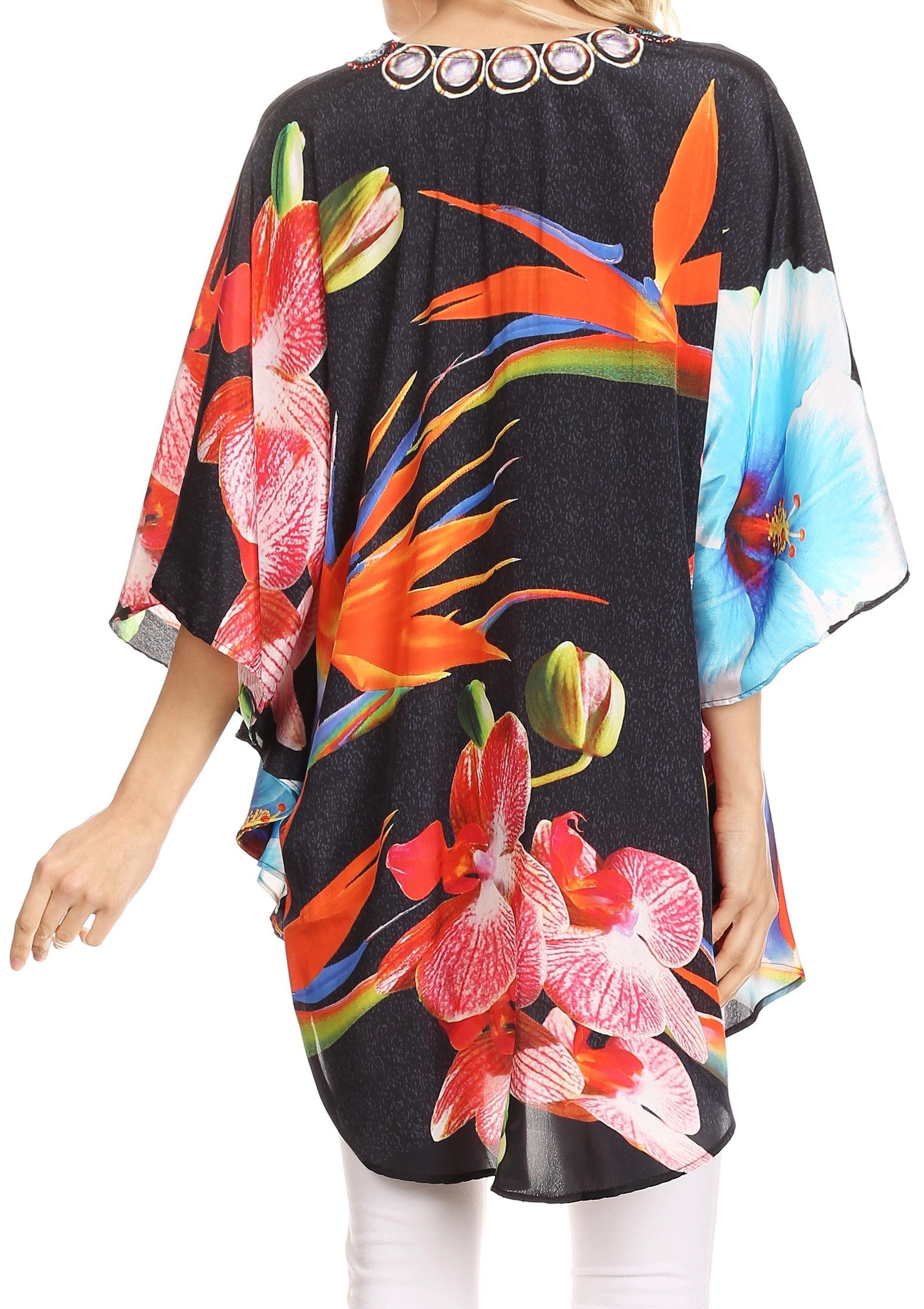 Sakkas Tallulah Wide Circle Blouse V Neck Top With Tassle Ties And Rhinestones - Concordia Style Boutique