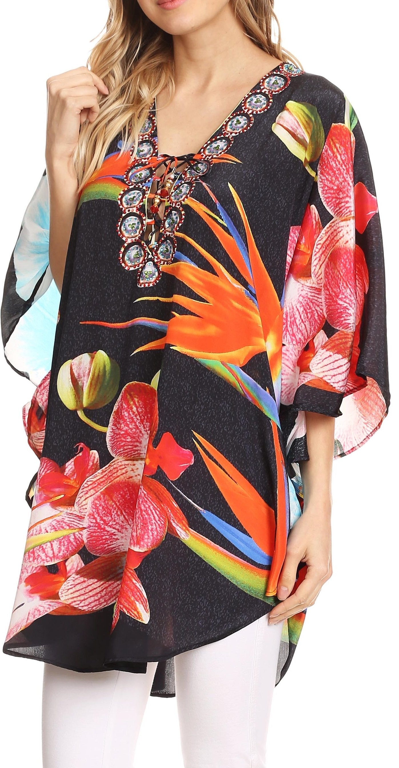 Sakkas Tallulah Wide Circle Blouse V Neck Top With Tassle Ties And Rhinestones - Concordia Style Boutique