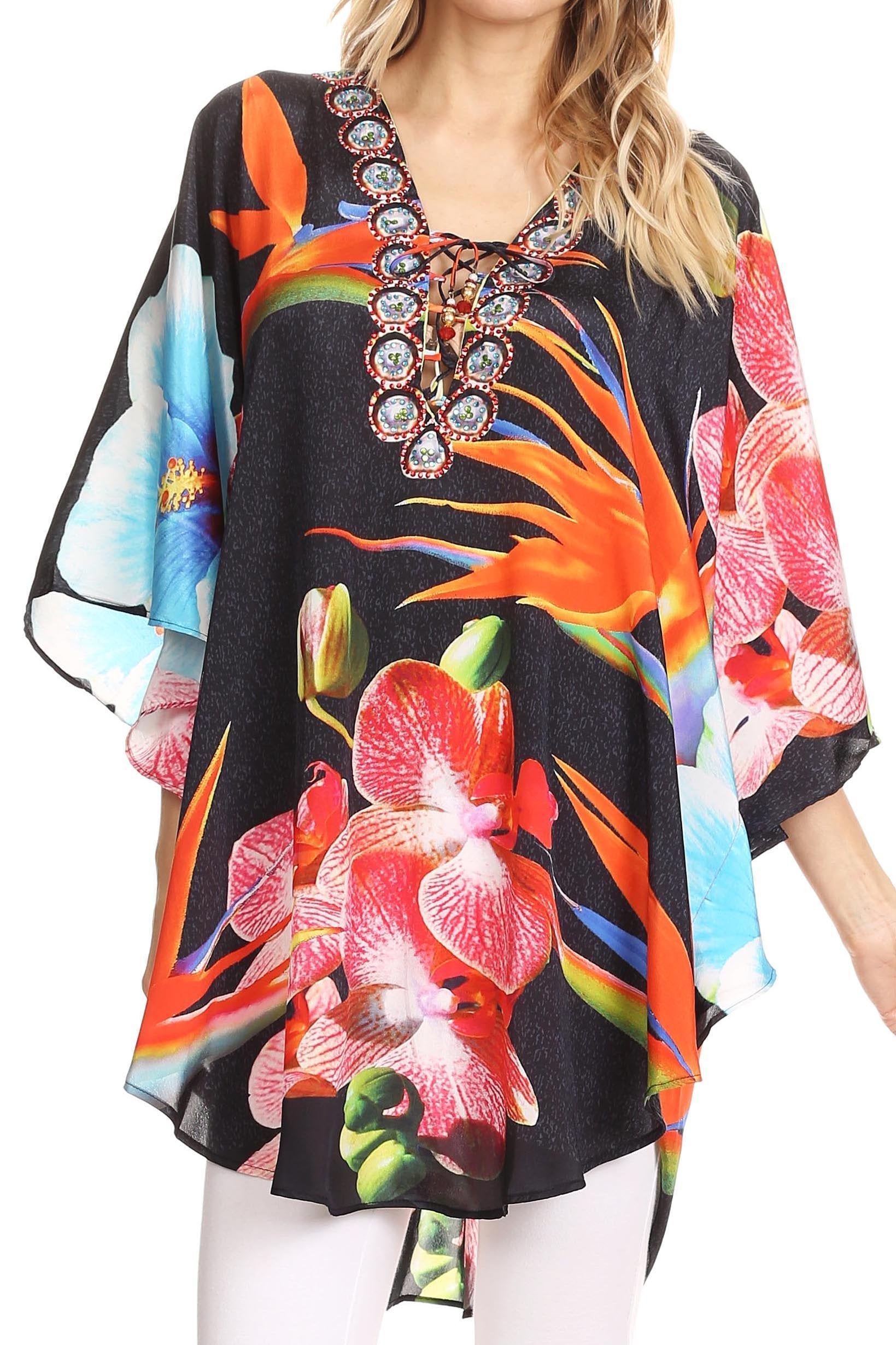 Sakkas Tallulah Wide Circle Blouse V Neck Top With Tassle Ties And Rhinestones - Concordia Style Boutique