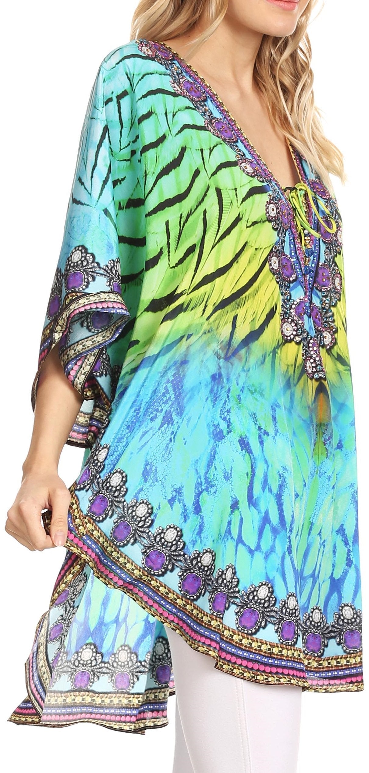 Sakkas Tallulah Wide Circle Blouse V Neck Top With Tassle Ties And Rhinestones - Concordia Style Boutique