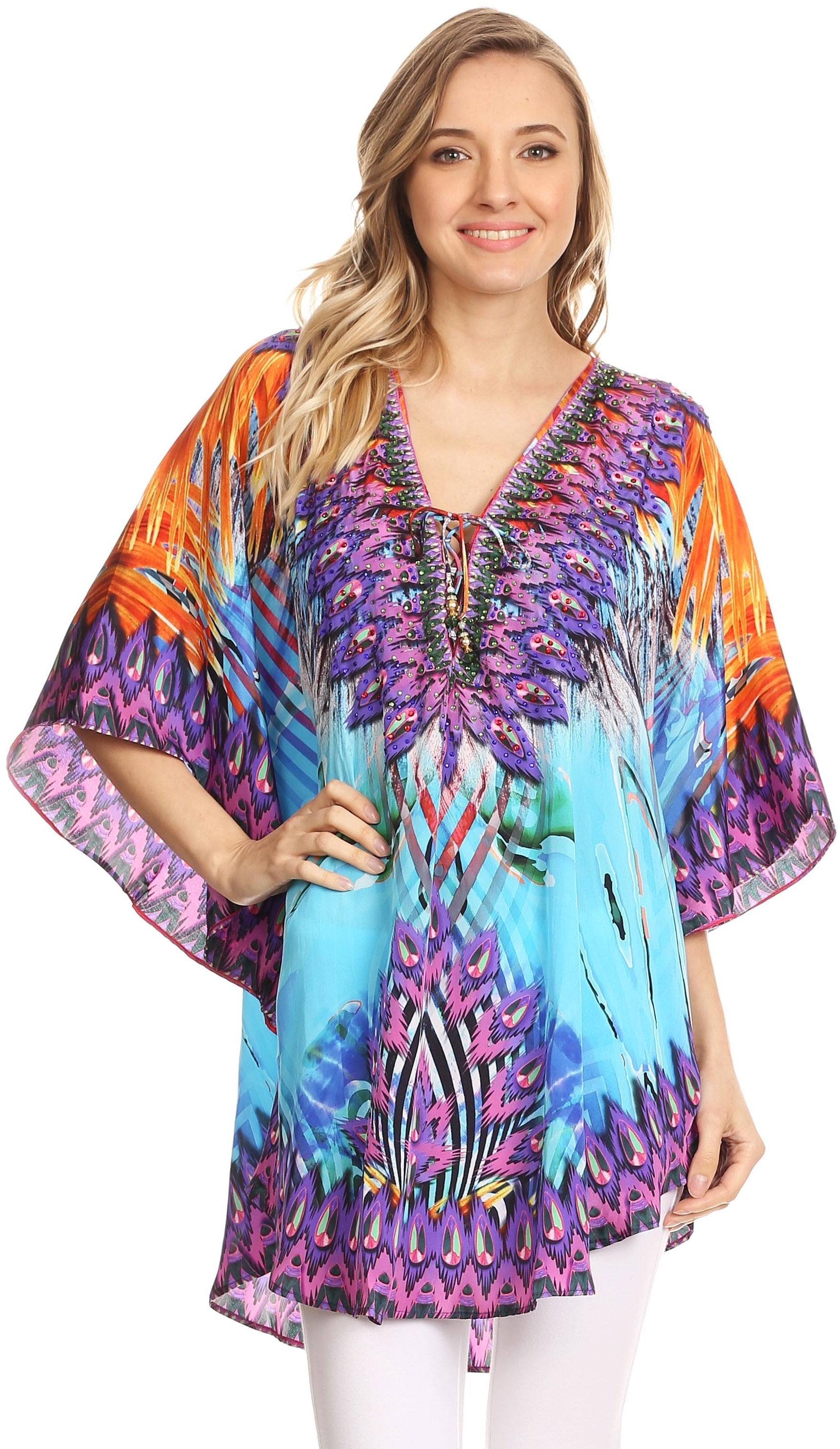 Sakkas Tallulah Wide Circle Blouse V Neck Top With Tassle Ties And Rhinestones - Concordia Style Boutique