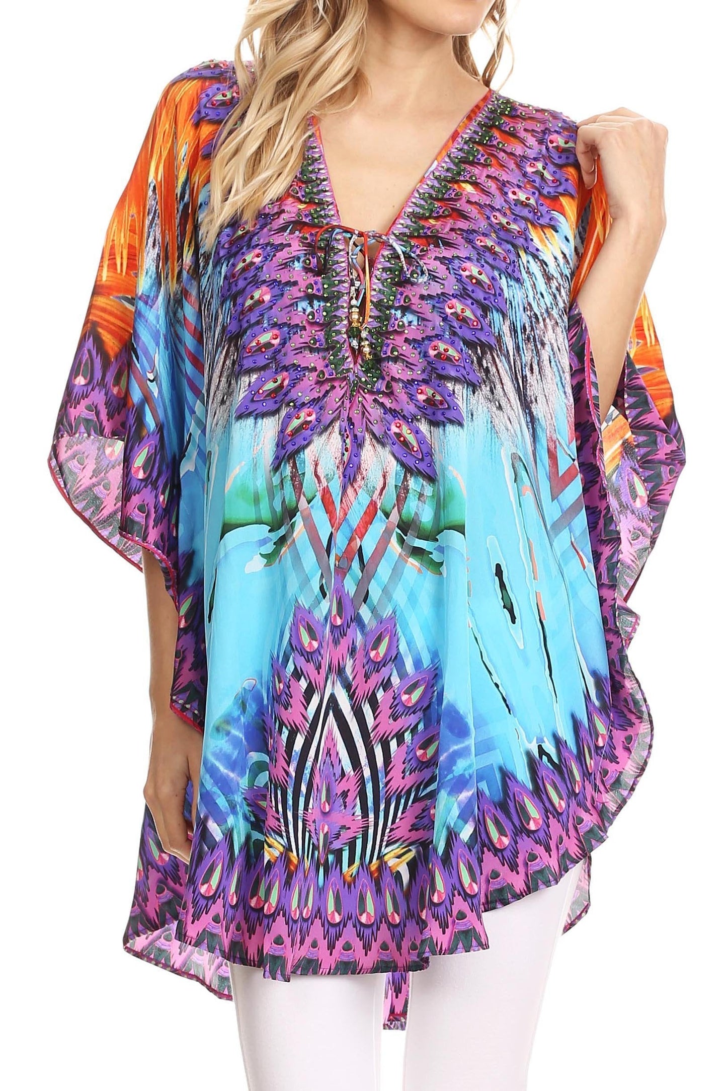 Sakkas Tallulah Wide Circle Blouse V Neck Top With Tassle Ties And Rhinestones - Concordia Style Boutique