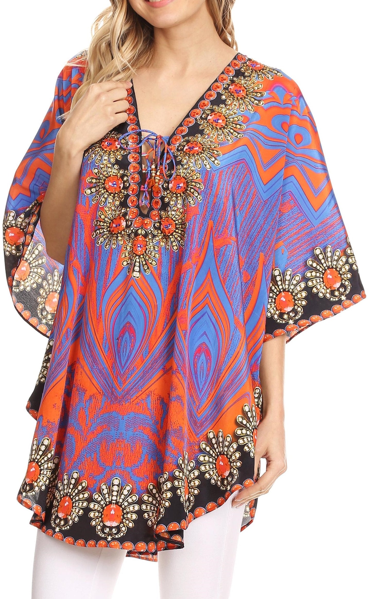 Sakkas Tallulah Wide Circle Blouse V Neck Top With Tassle Ties And Rhinestones - Concordia Style Boutique