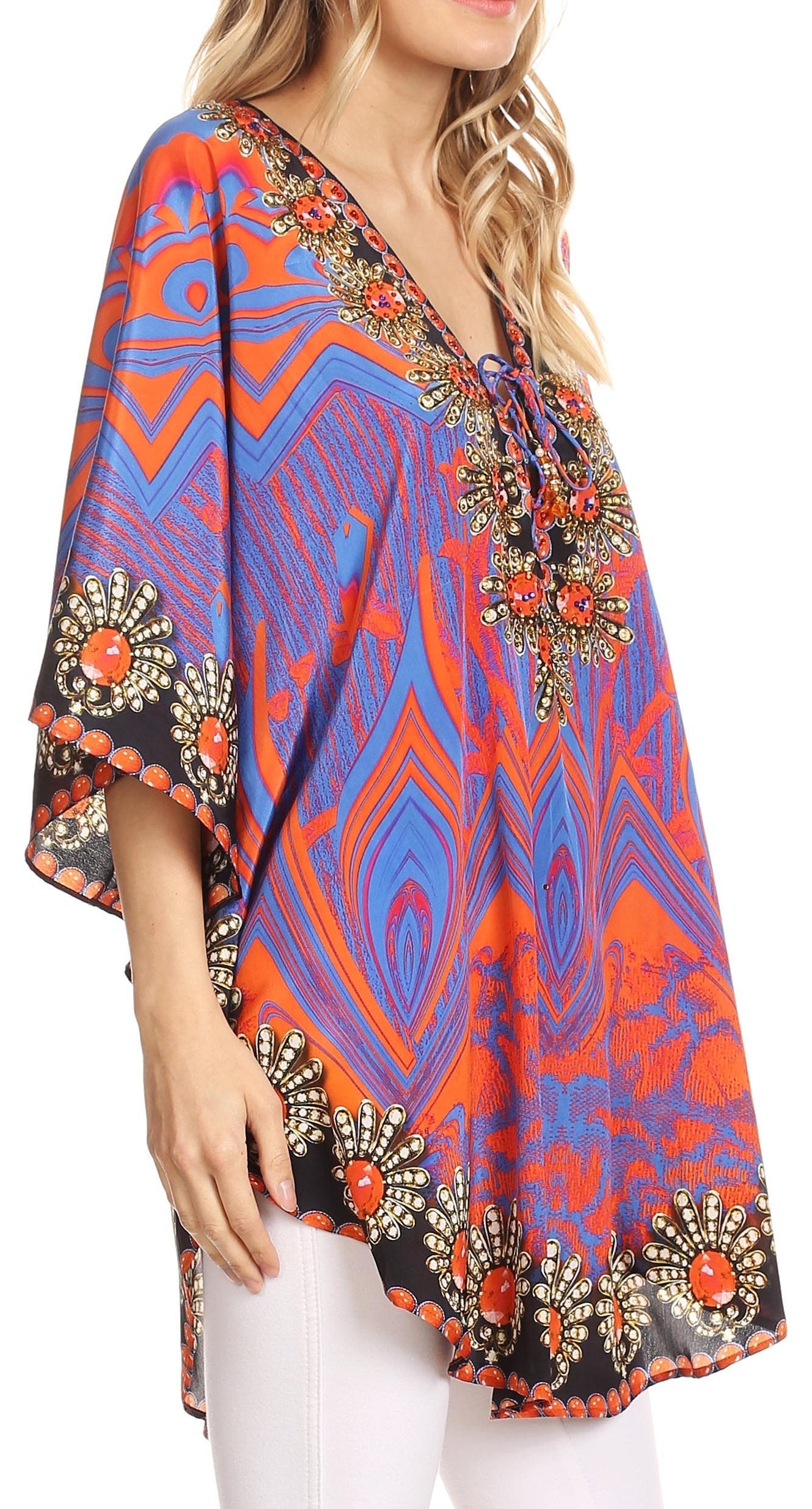 Sakkas Tallulah Wide Circle Blouse V Neck Top With Tassle Ties And Rhinestones - Concordia Style Boutique