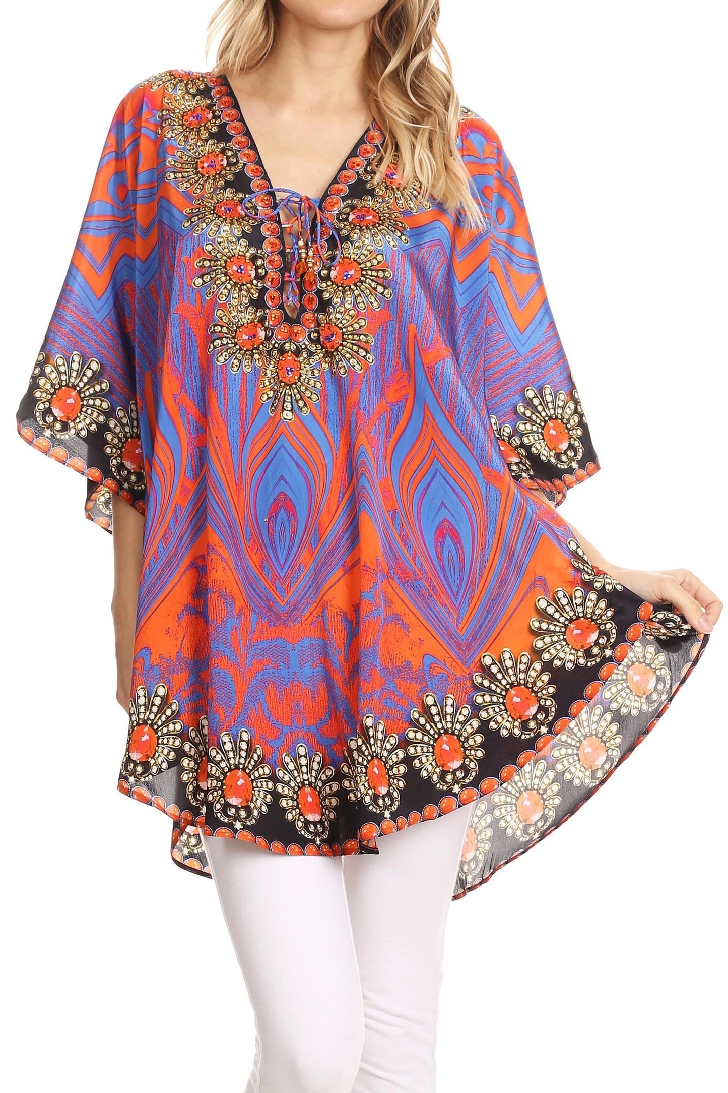 Sakkas Tallulah Wide Circle Blouse V Neck Top With Tassle Ties And Rhinestones - Concordia Style Boutique