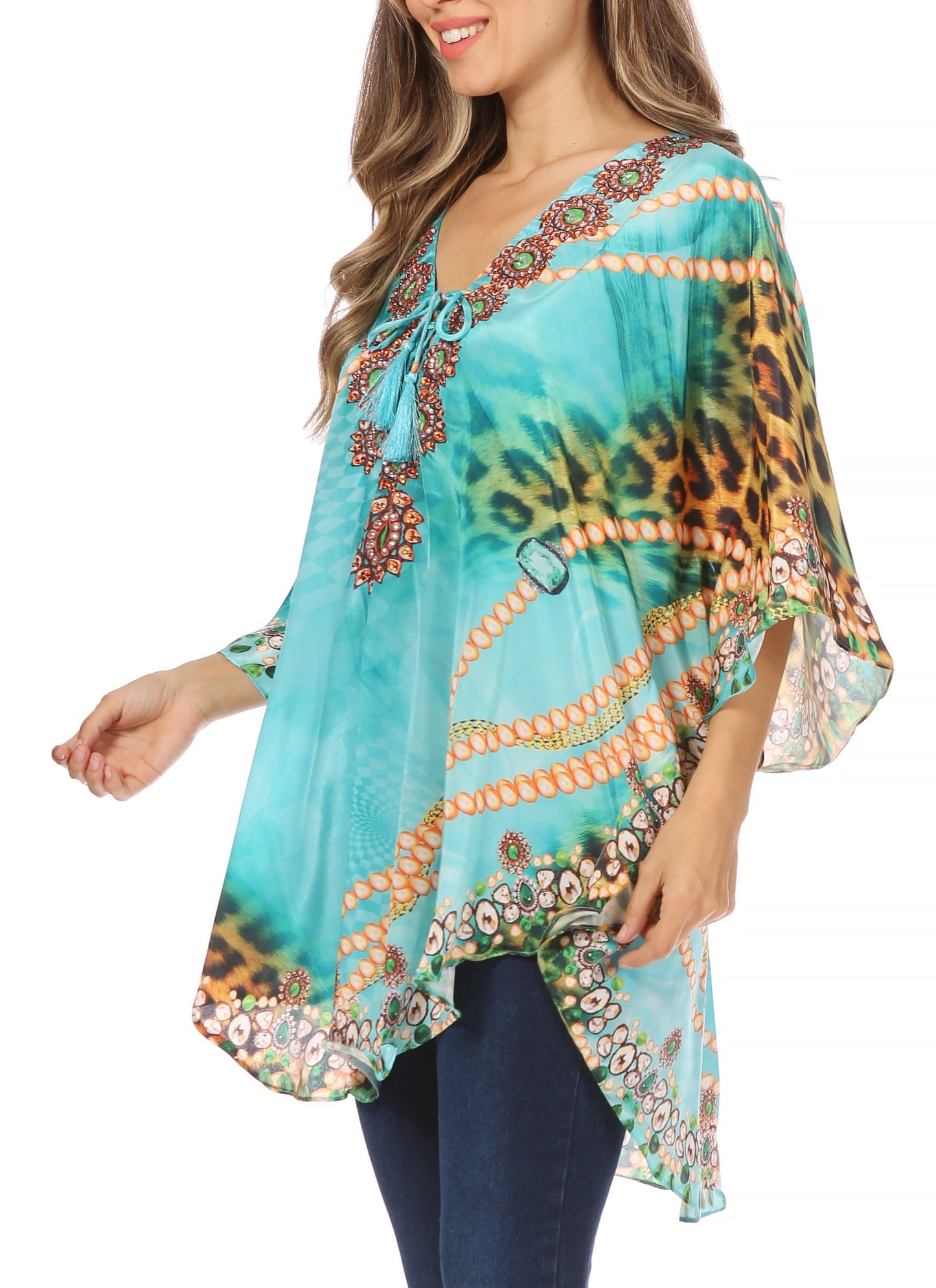 Sakkas Tallulah Wide Circle Blouse V Neck Top With Tassle Ties And Rhinestones - Concordia Style Boutique