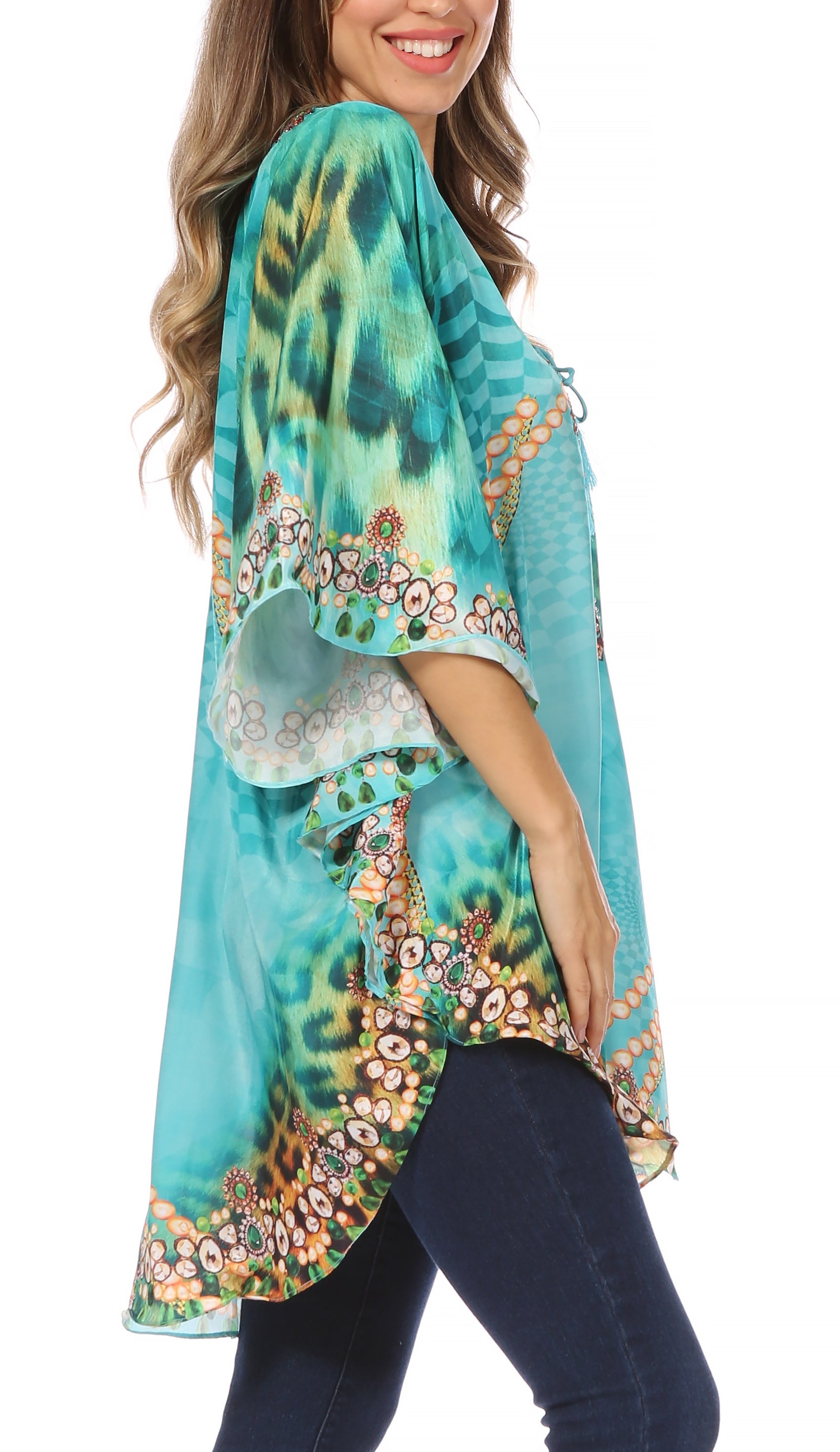 Sakkas Tallulah Wide Circle Blouse V Neck Top With Tassle Ties And Rhinestones - Concordia Style Boutique