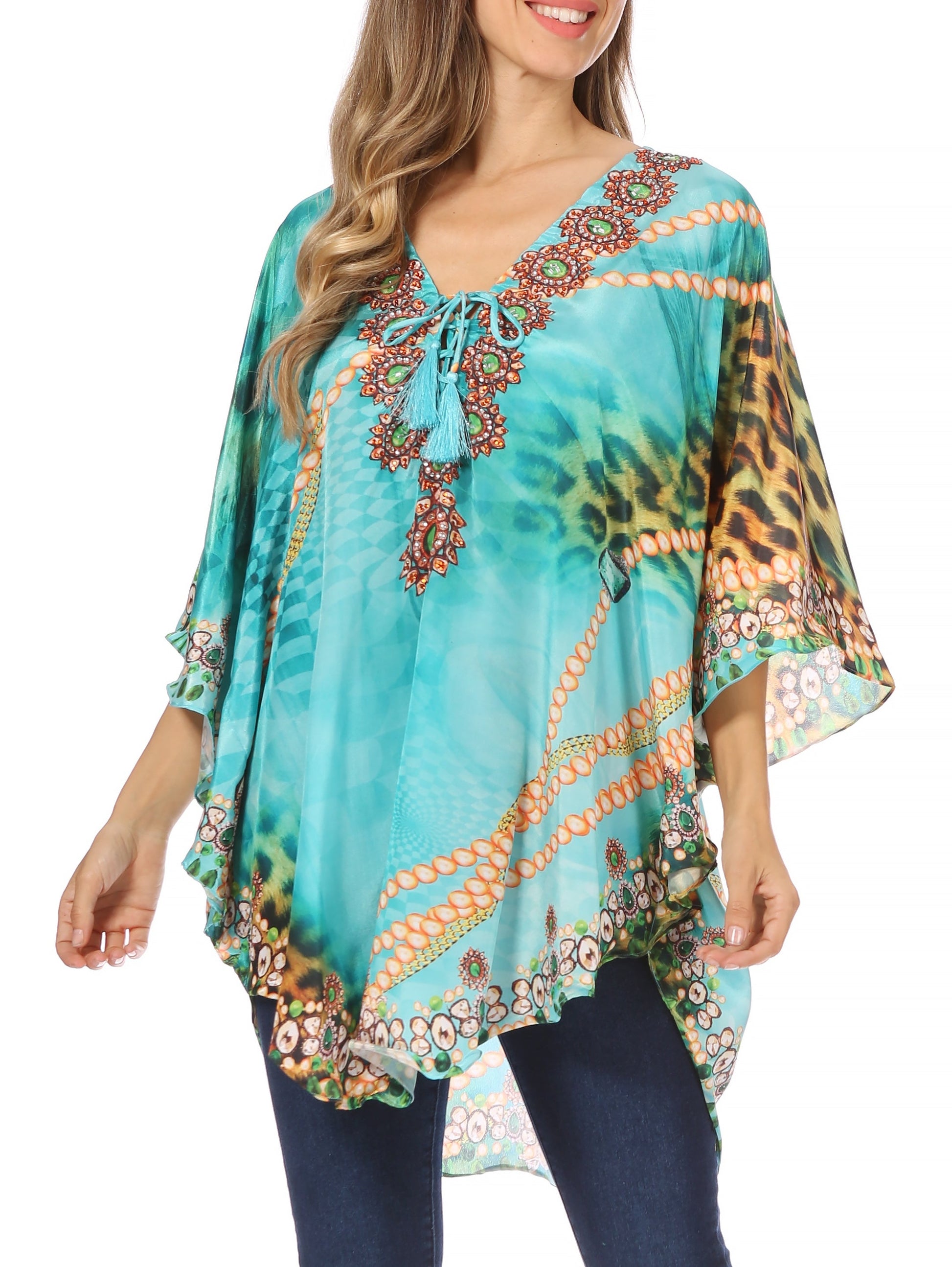 Sakkas Tallulah Wide Circle Blouse V Neck Top With Tassle Ties And Rhinestones - Concordia Style Boutique