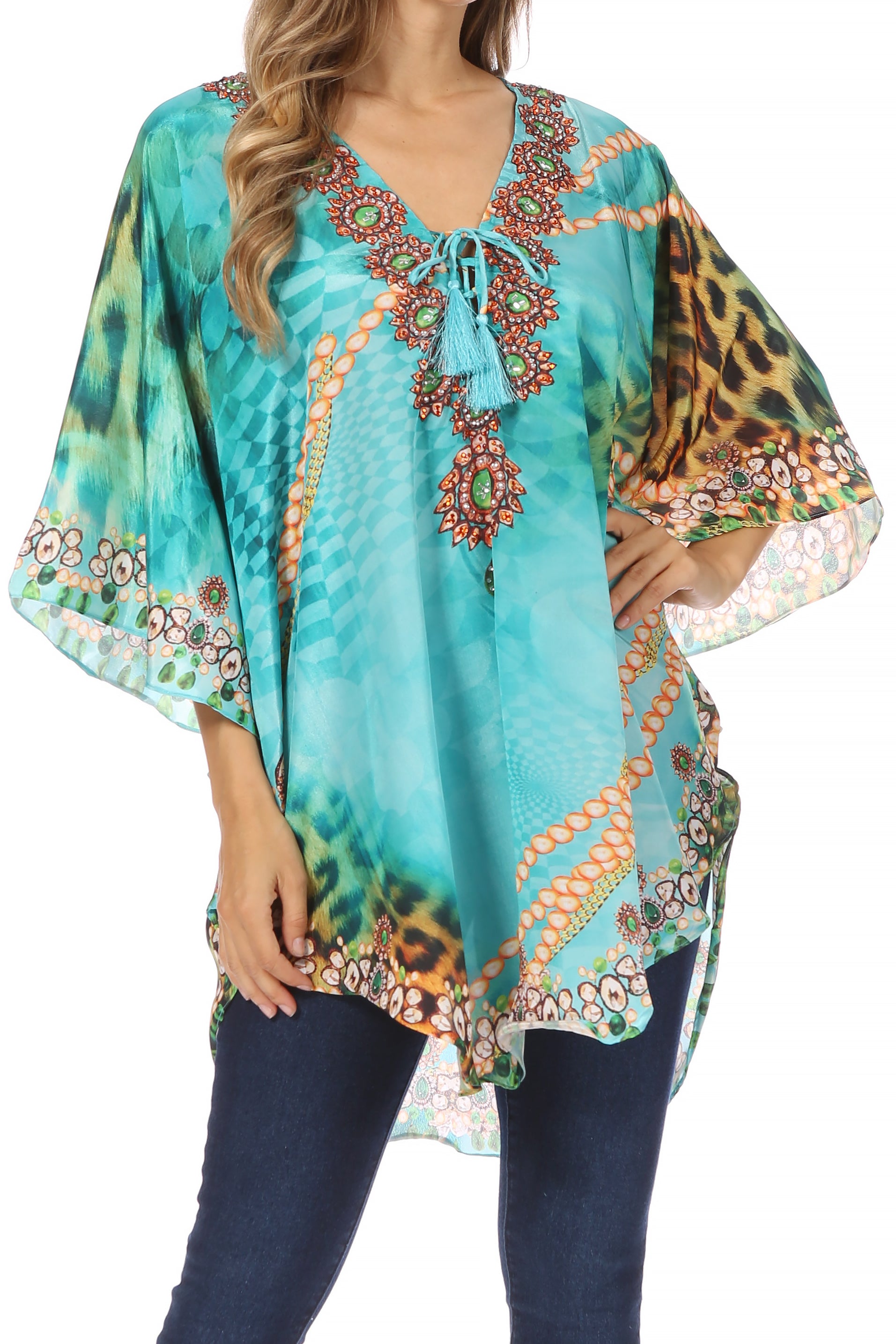 Sakkas Tallulah Wide Circle Blouse V Neck Top With Tassle Ties And Rhinestones - Concordia Style Boutique