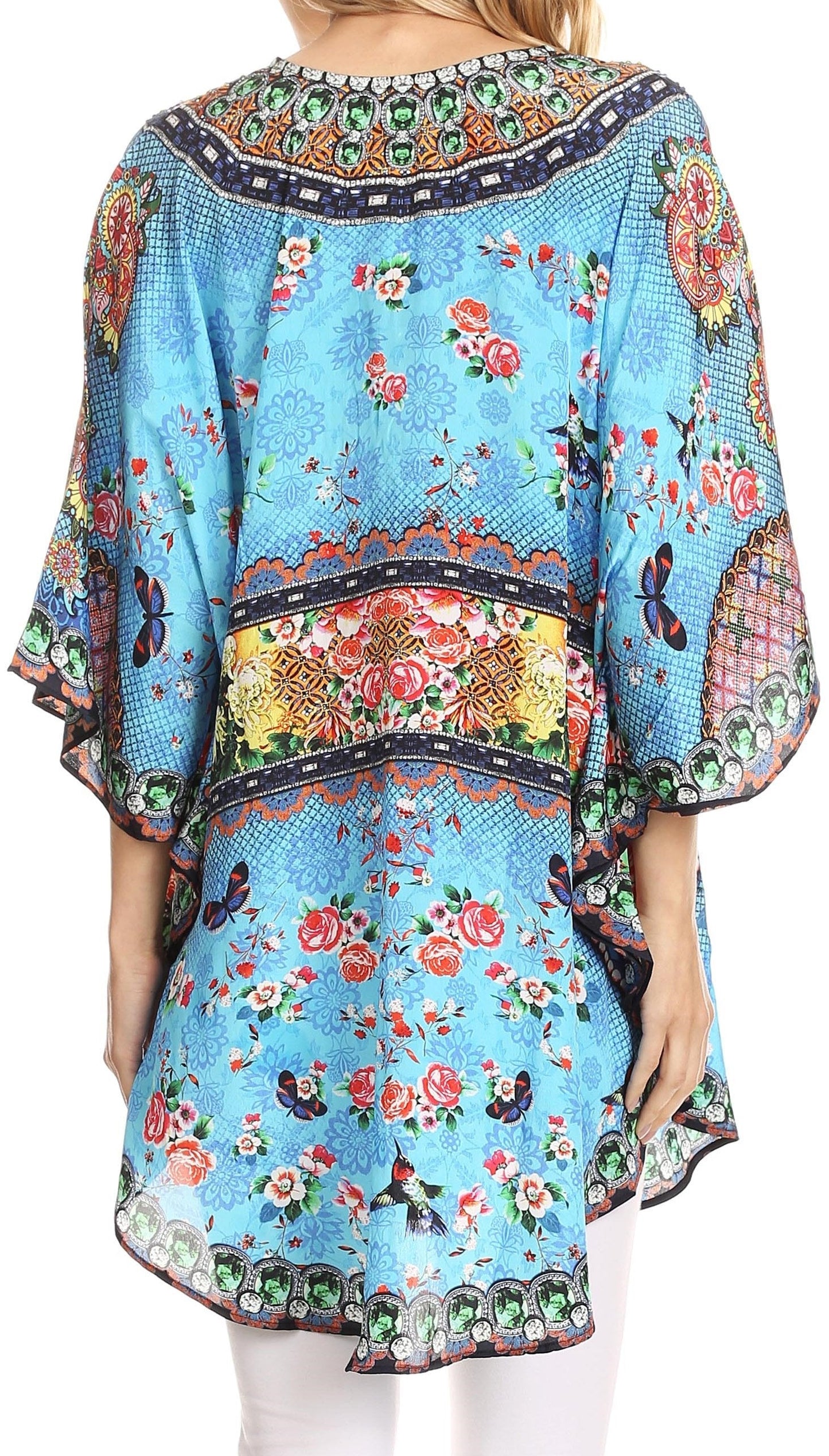 Sakkas Tallulah Wide Circle Blouse V Neck Top With Tassle Ties And Rhinestones - Concordia Style Boutique