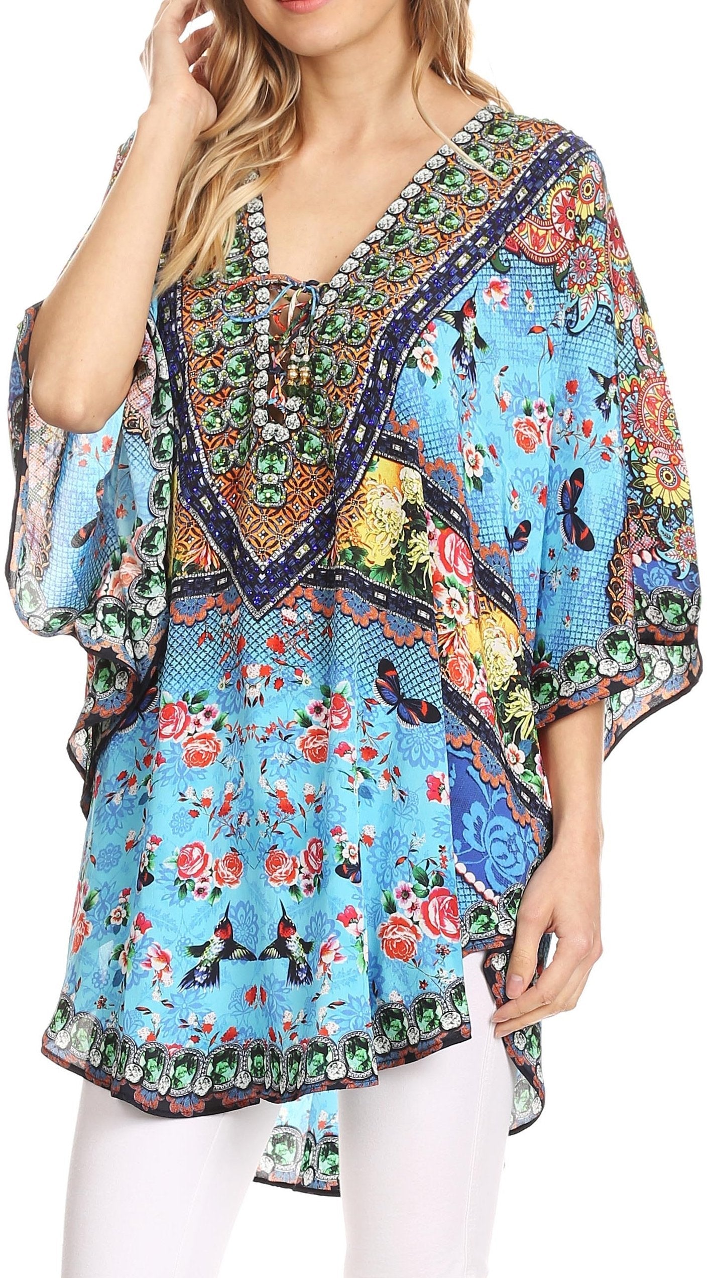 Sakkas Tallulah Wide Circle Blouse V Neck Top With Tassle Ties And Rhinestones - Concordia Style Boutique
