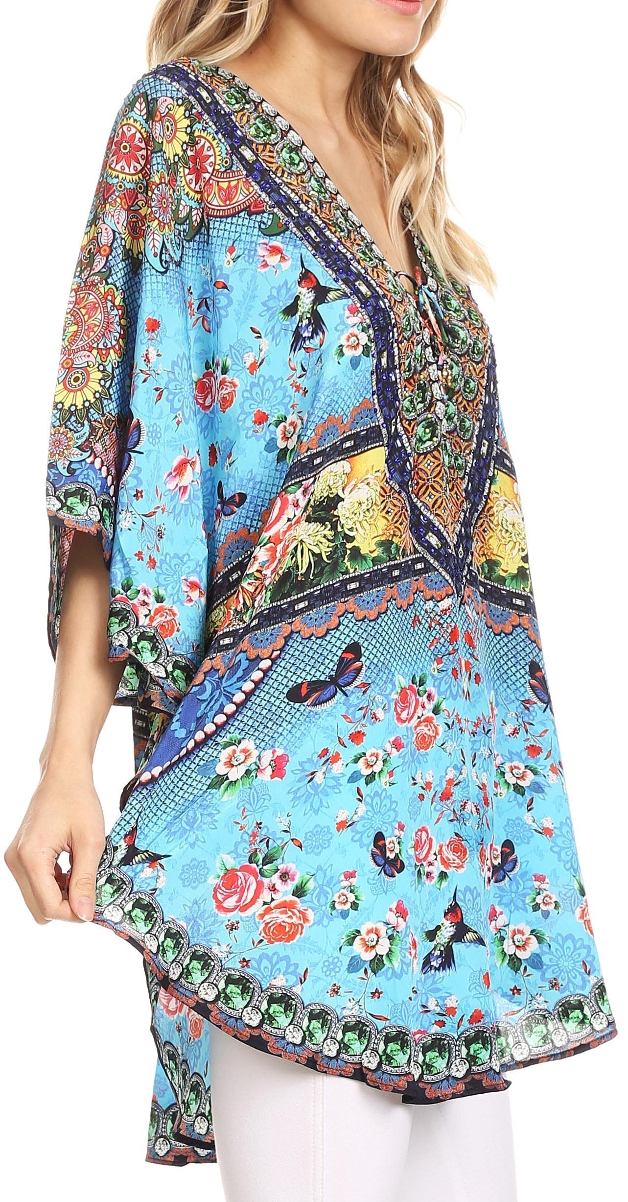 Sakkas Tallulah Wide Circle Blouse V Neck Top With Tassle Ties And Rhinestones - Concordia Style Boutique
