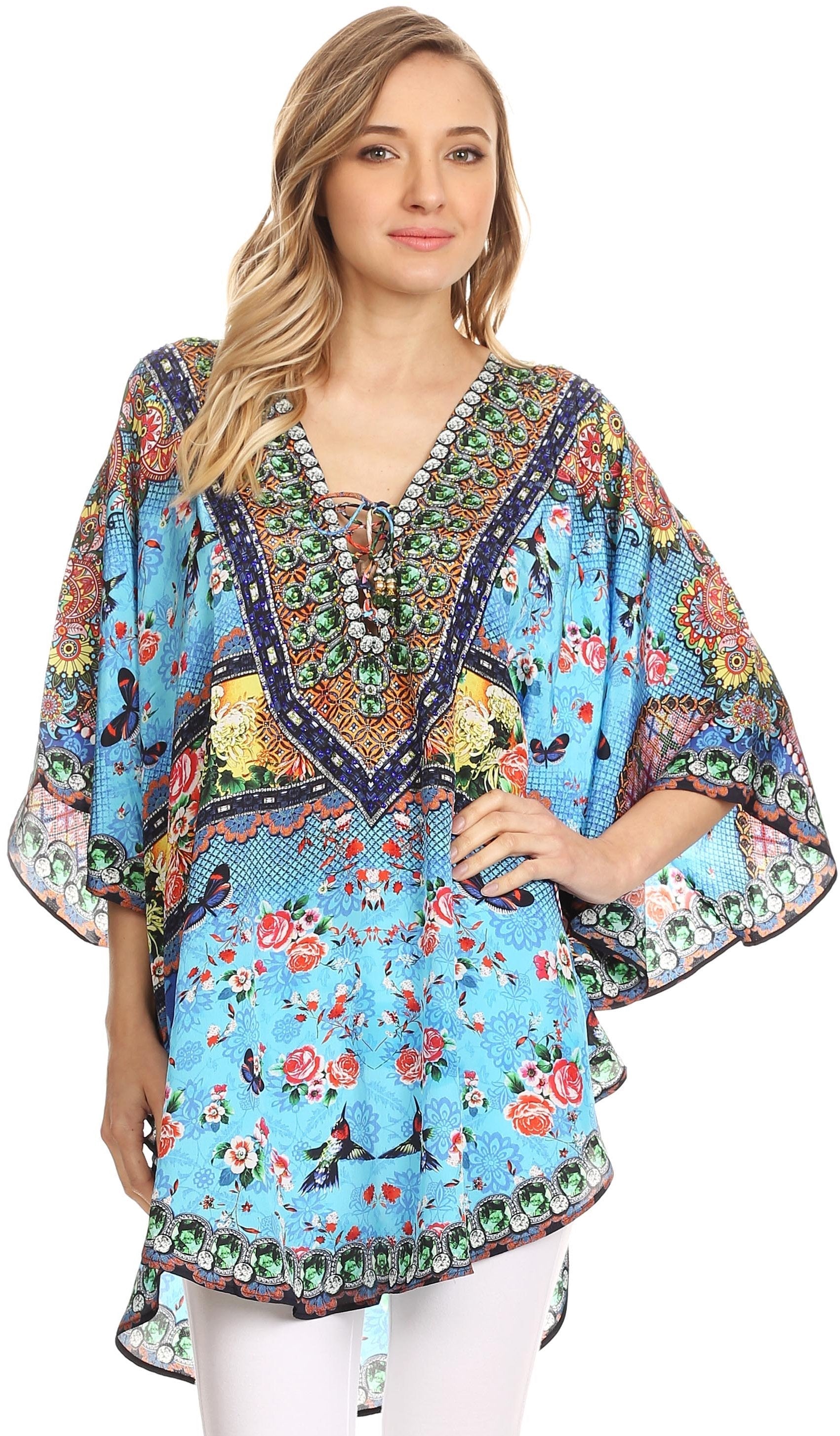 Sakkas Tallulah Wide Circle Blouse V Neck Top With Tassle Ties And Rhinestones - Concordia Style Boutique