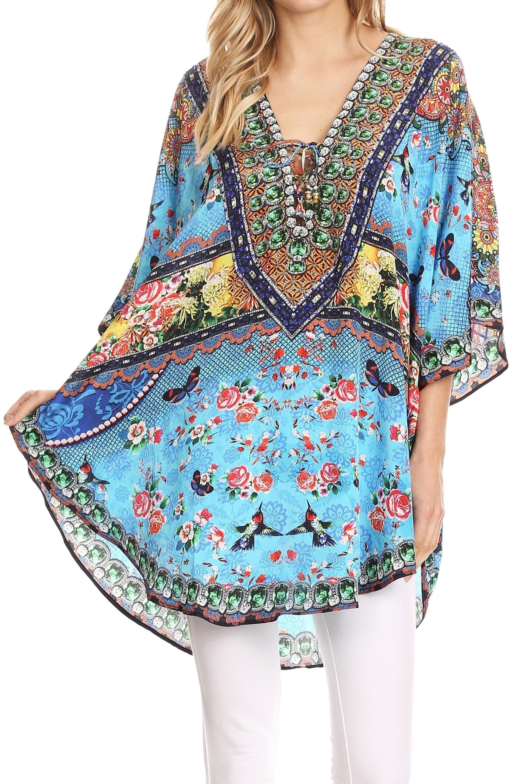 Sakkas Tallulah Wide Circle Blouse V Neck Top With Tassle Ties And Rhinestones - Concordia Style Boutique