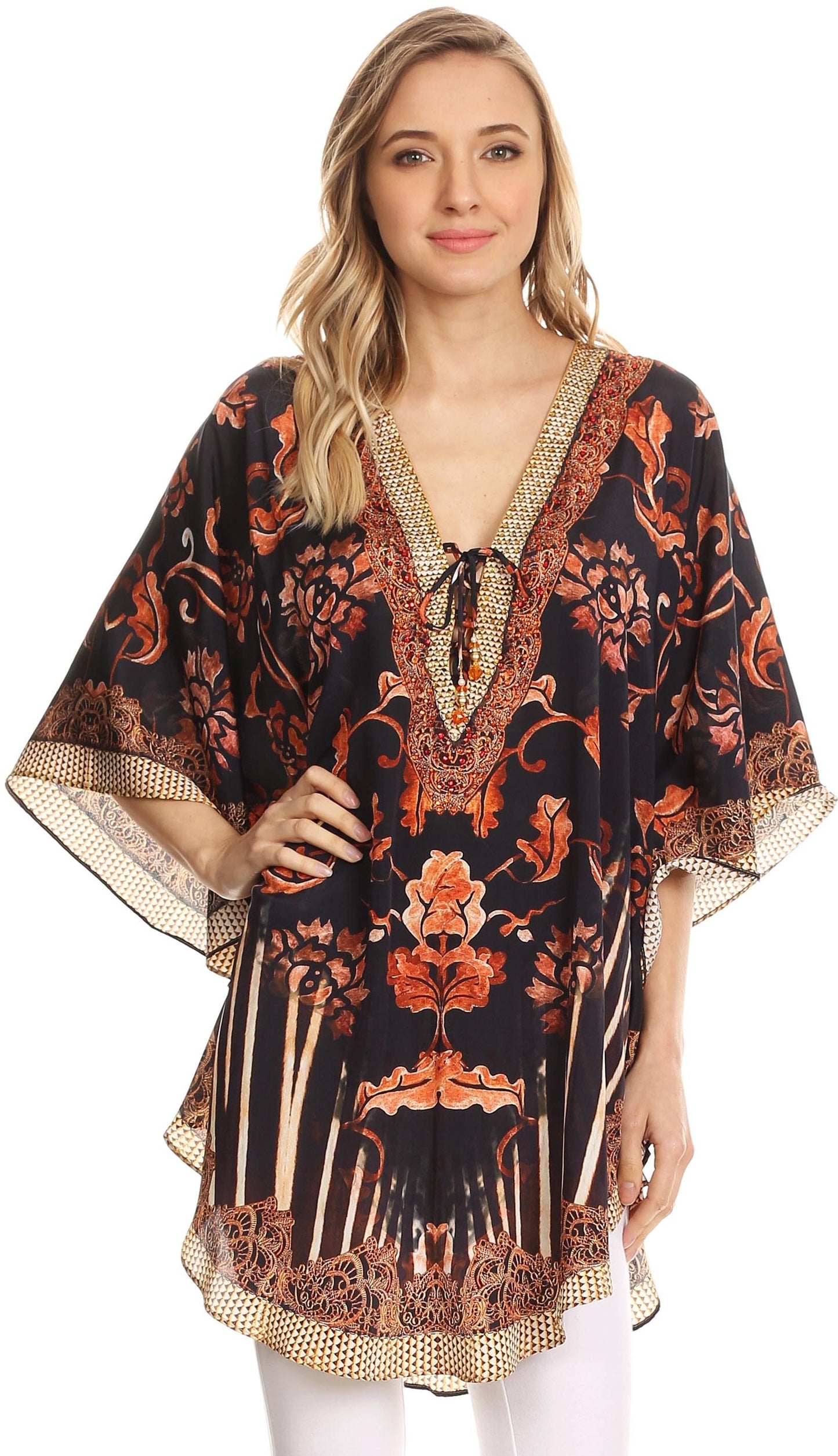Sakkas Tallulah Wide Circle Blouse V Neck Top With Tassle Ties And Rhinestones - Concordia Style Boutique